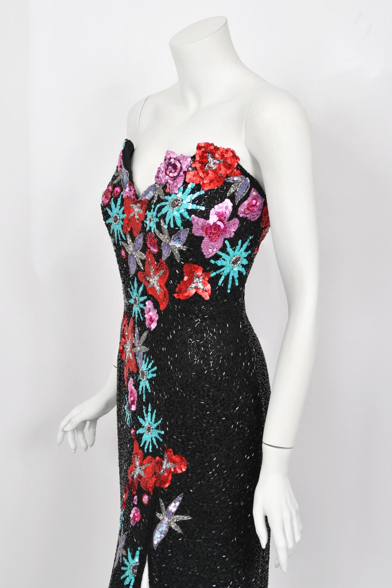1990's Bob Mackie Fully Beaded Floral Motif Strapless Bustier High-Slit Gown For Sale 4