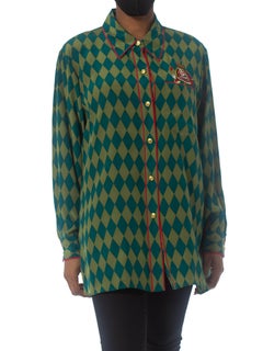 1990S BOB MACKIE Green & Blue Silk Harlequin Blouse