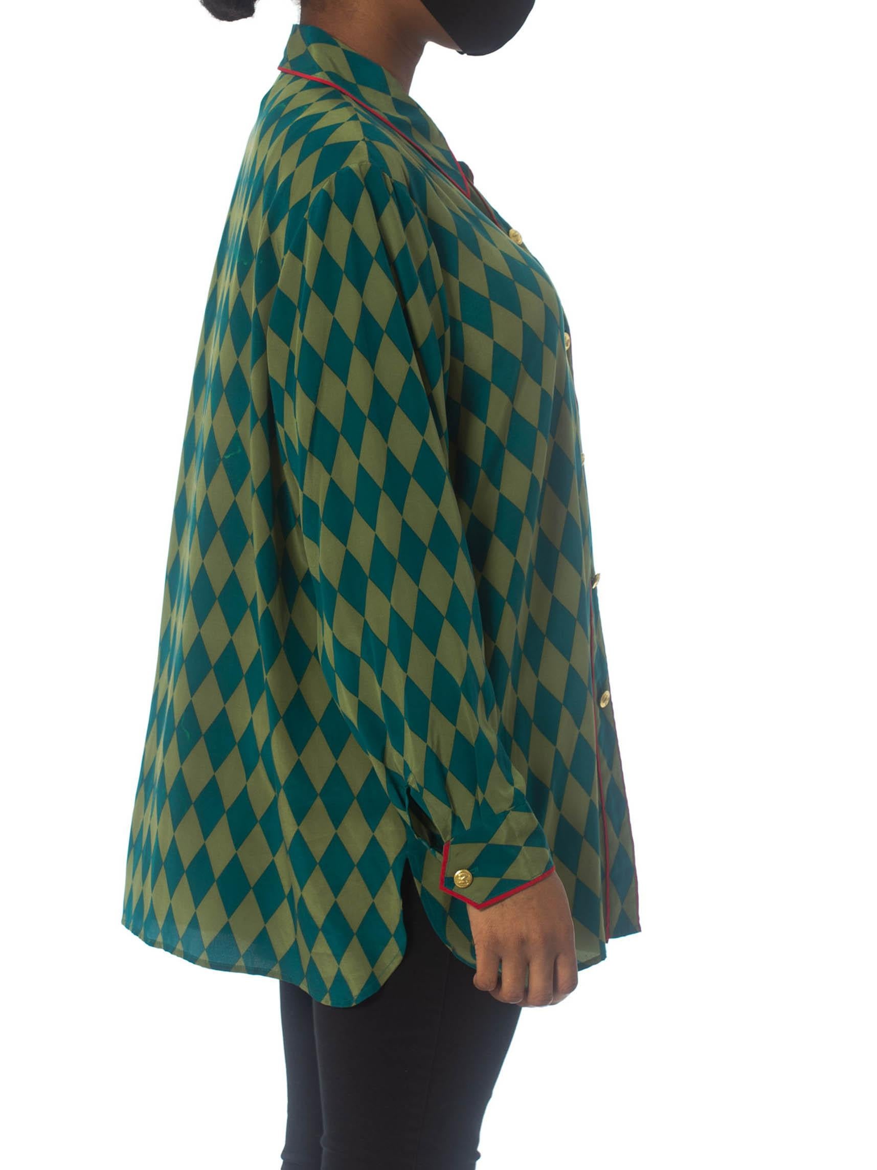 1990S BOB MACKIE Green & Blue Silk Harlequin Blouse In Excellent Condition In New York, NY