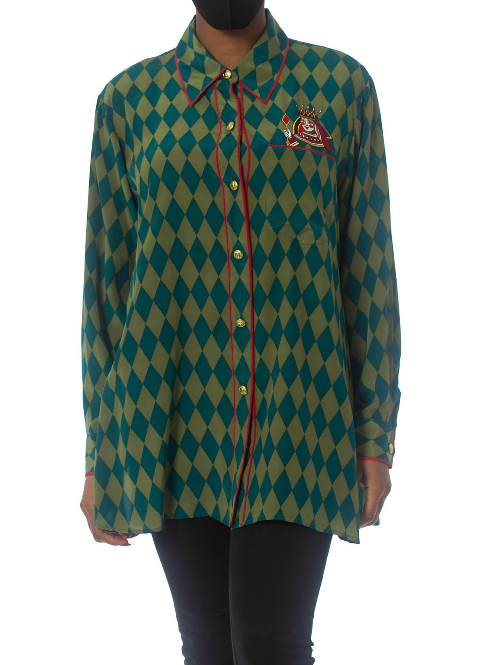 1990S BOB MACKIE Green & Blue Silk Harlequin Blouse 1