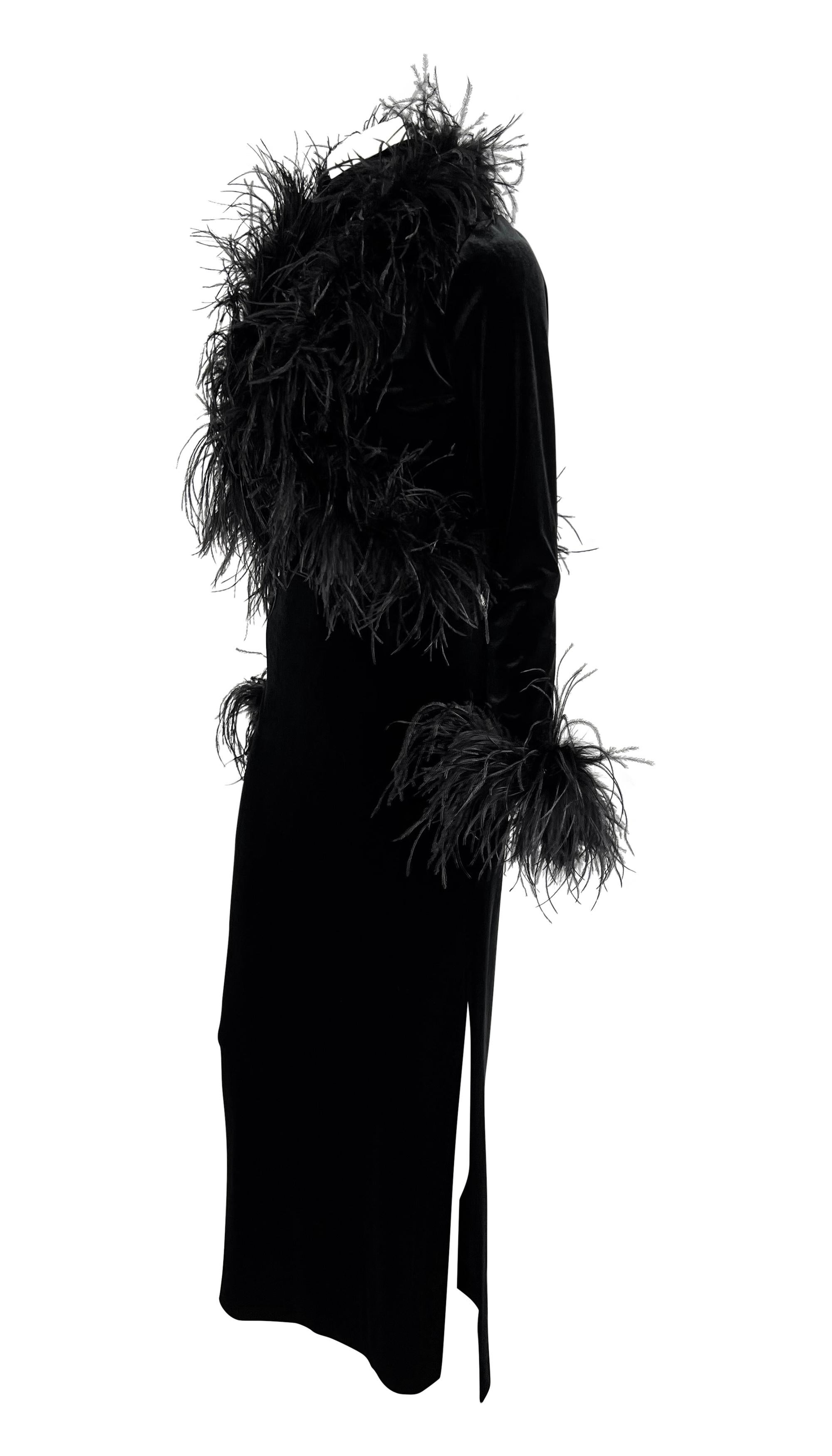 Women's 1990s Bob Mackie Marabou Ostrich Feather Trim Black Velvet Sleeveless Dress Set For Sale