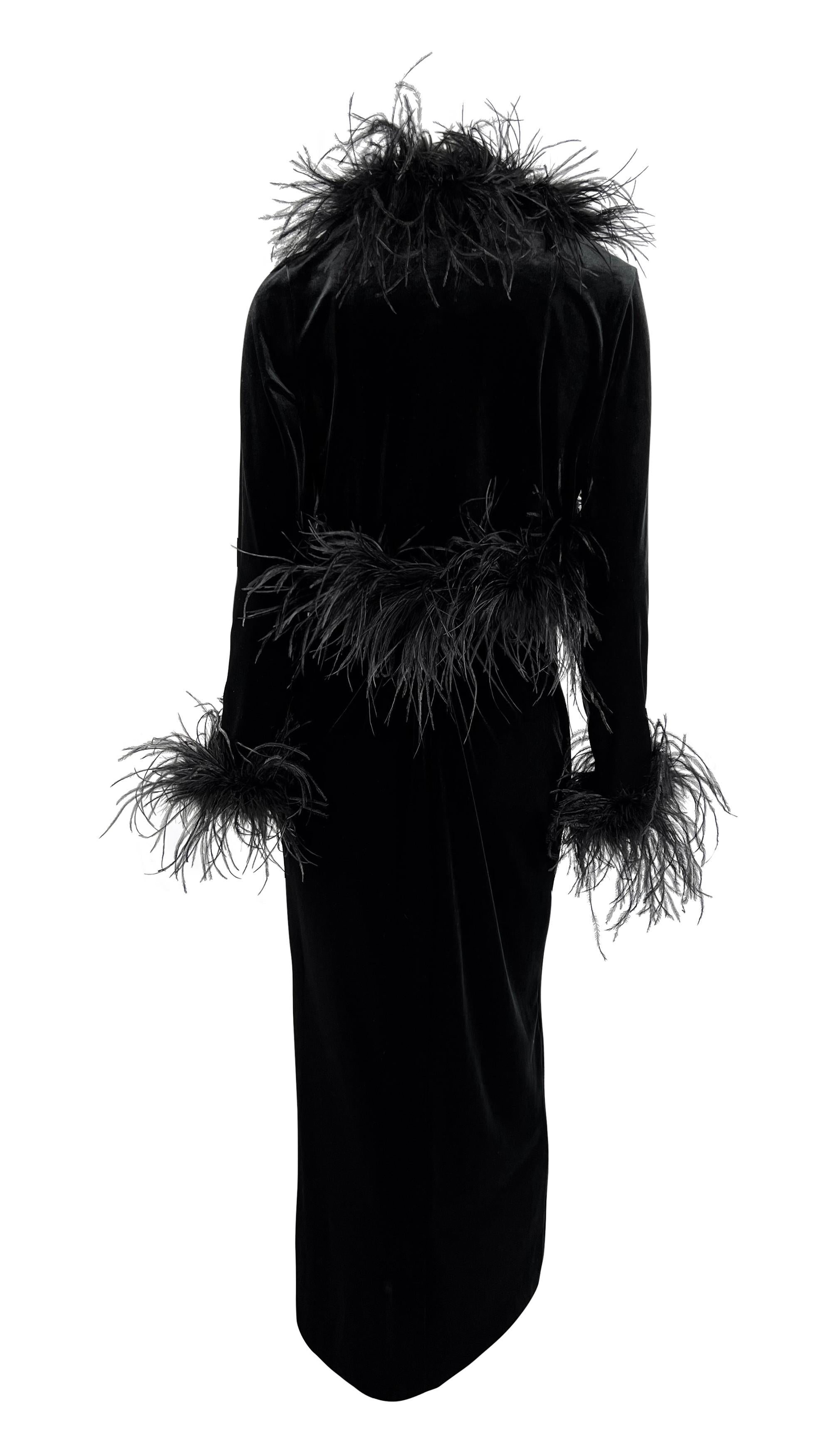 1990s Bob Mackie Marabou Ostrich Feather Trim Black Velvet Sleeveless Dress Set For Sale 2