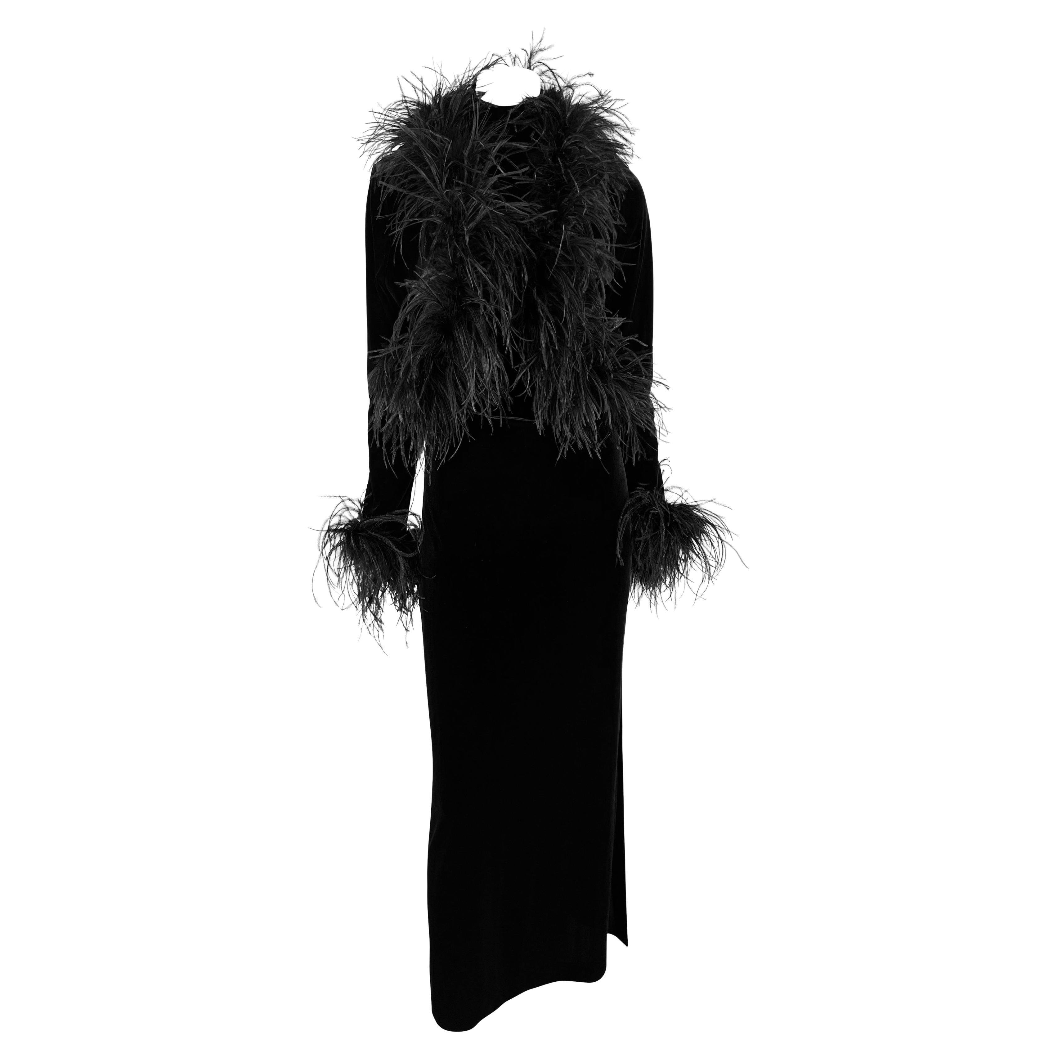 1990s Bob Mackie Marabou Ostrich Feather Trim Black Velvet Sleeveless Dress Set For Sale