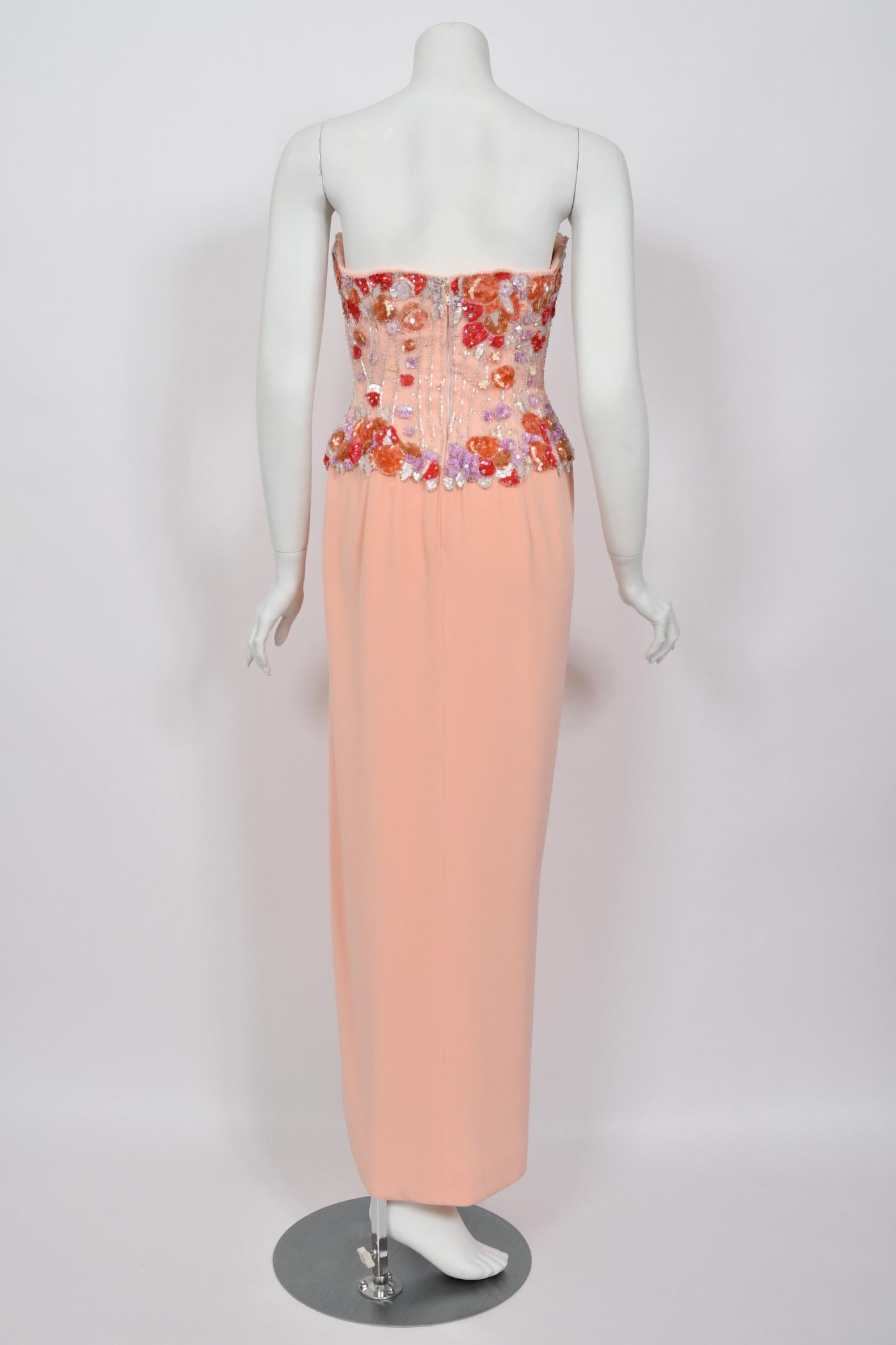 1990's Bob Mackie Pale Pink Heavily-Beaded Silk Strapless Bustier Hourglass Gown For Sale 5