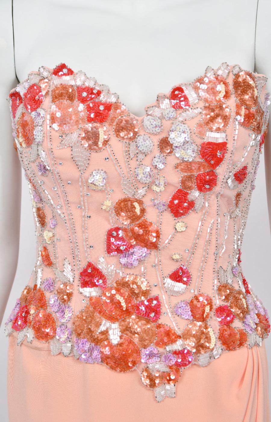 1990's Bob Mackie Pale Pink Heavily-Beaded Silk Strapless Bustier Hourglass Gown For Sale 1