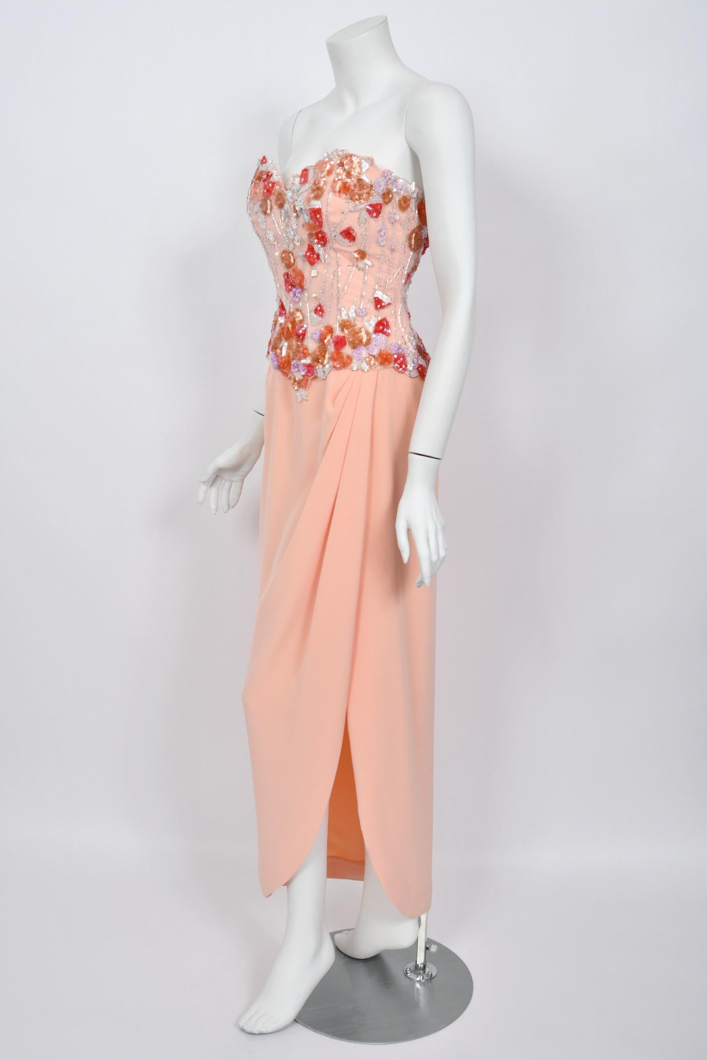 1990's Bob Mackie Pale Pink Heavily-Beaded Silk Strapless Bustier Hourglass Gown For Sale 2