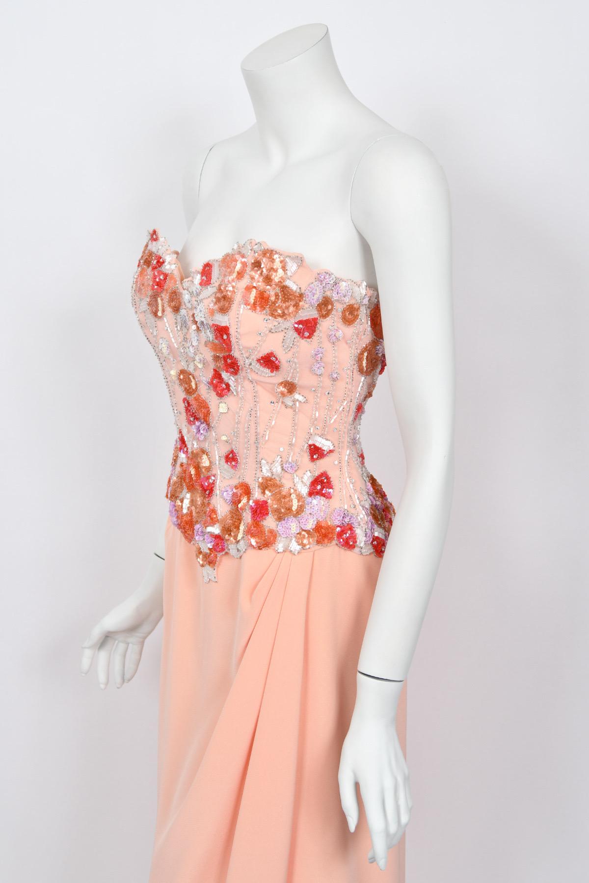 1990's Bob Mackie Pale Pink Heavily-Beaded Silk Strapless Bustier Hourglass Gown For Sale 3