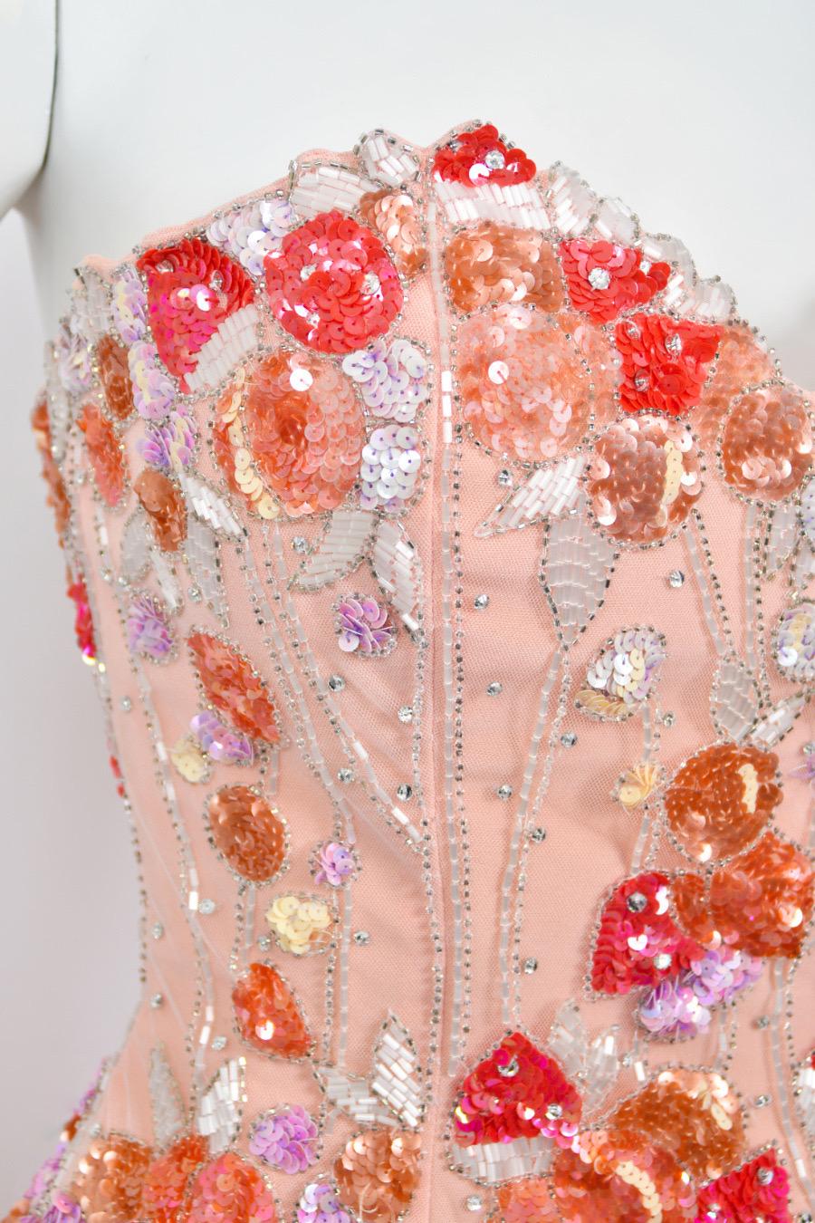 1990's Bob Mackie Pale Pink Heavily-Beaded Silk Strapless Bustier Hourglass Gown For Sale 4