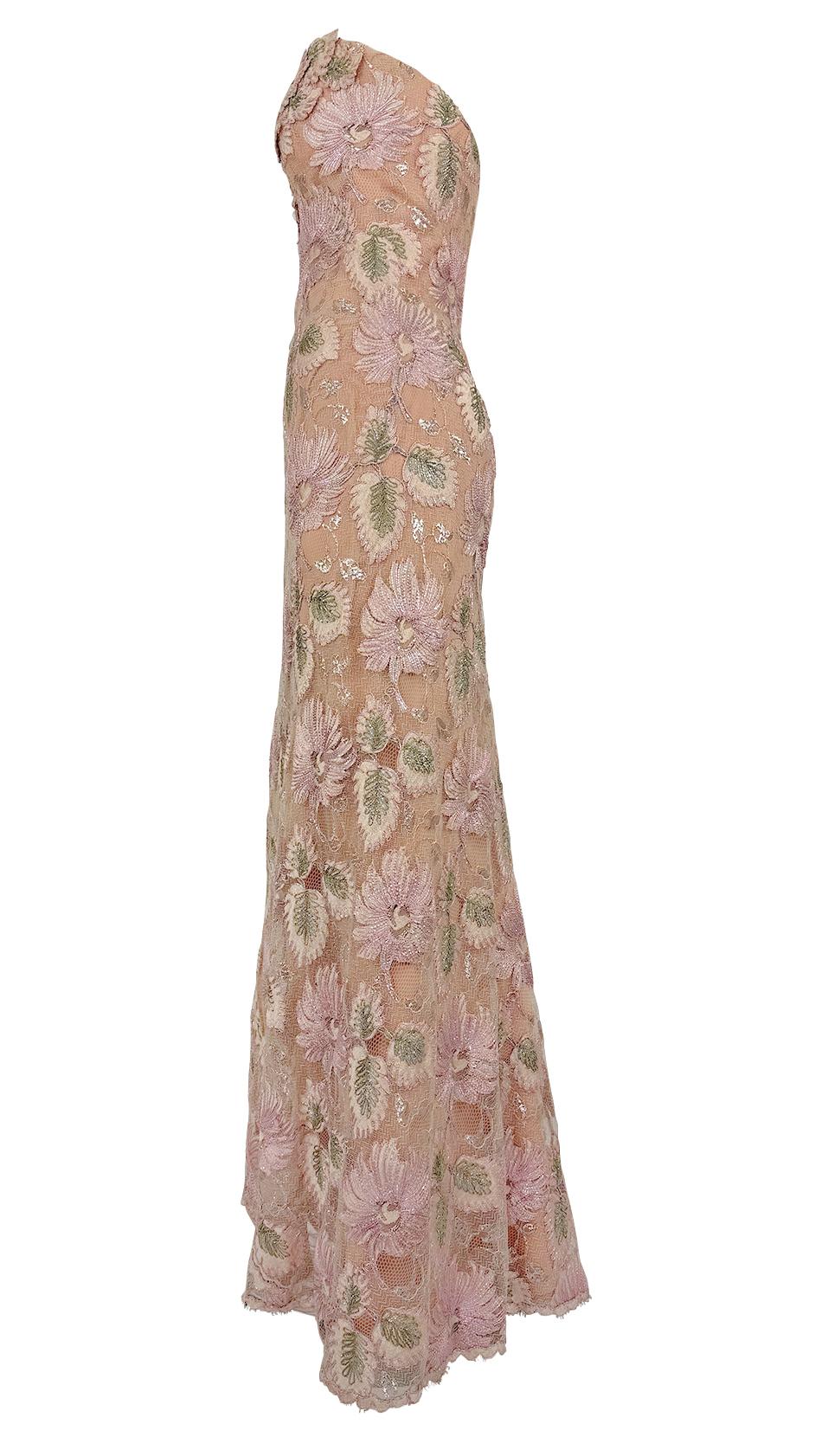 Brown 1990s Bob Mackie Peach Tone Floral Lurex Embroidery Lace Strapless Evening Gown For Sale