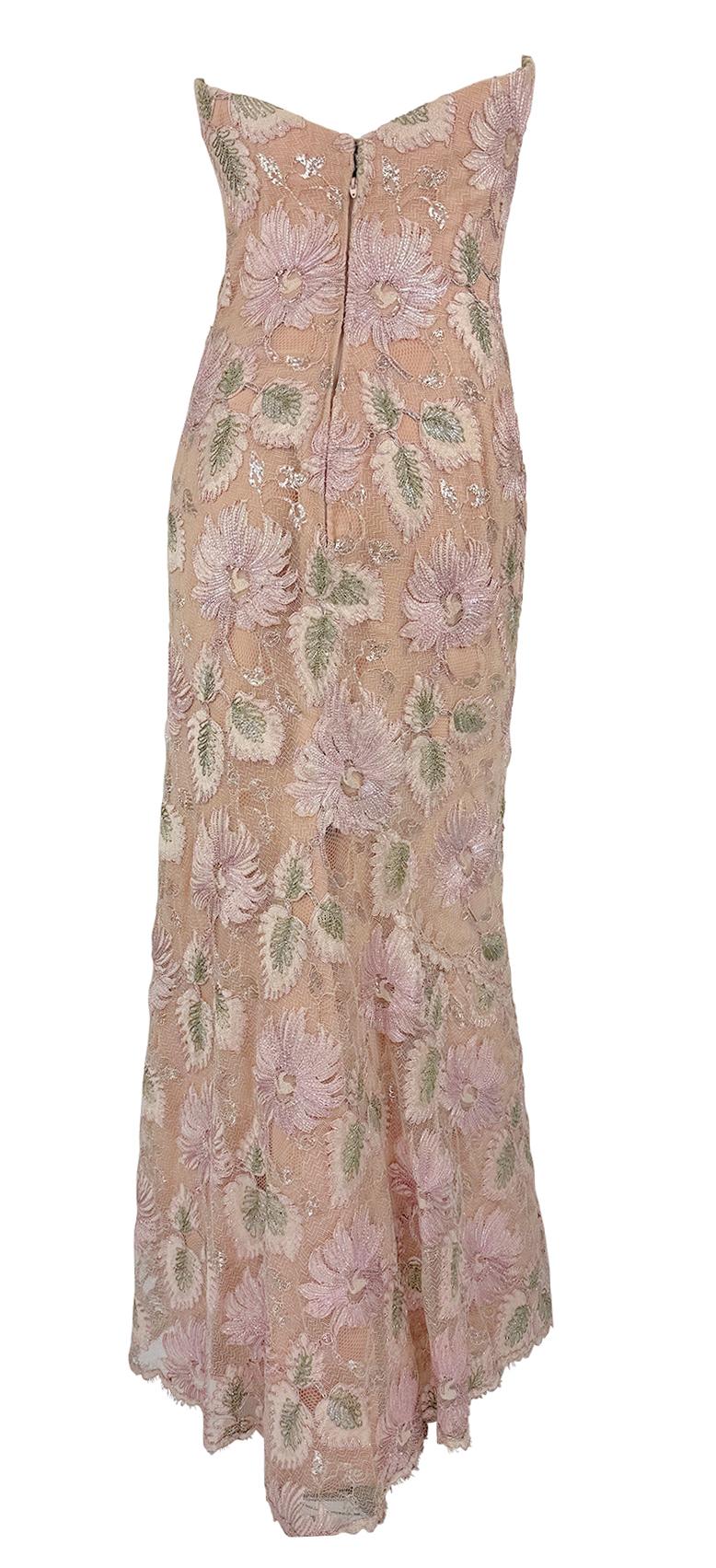 1990s Bob Mackie Peach Tone Floral Lurex Embroidery Lace Strapless Evening Gown In Excellent Condition For Sale In West Hollywood, CA