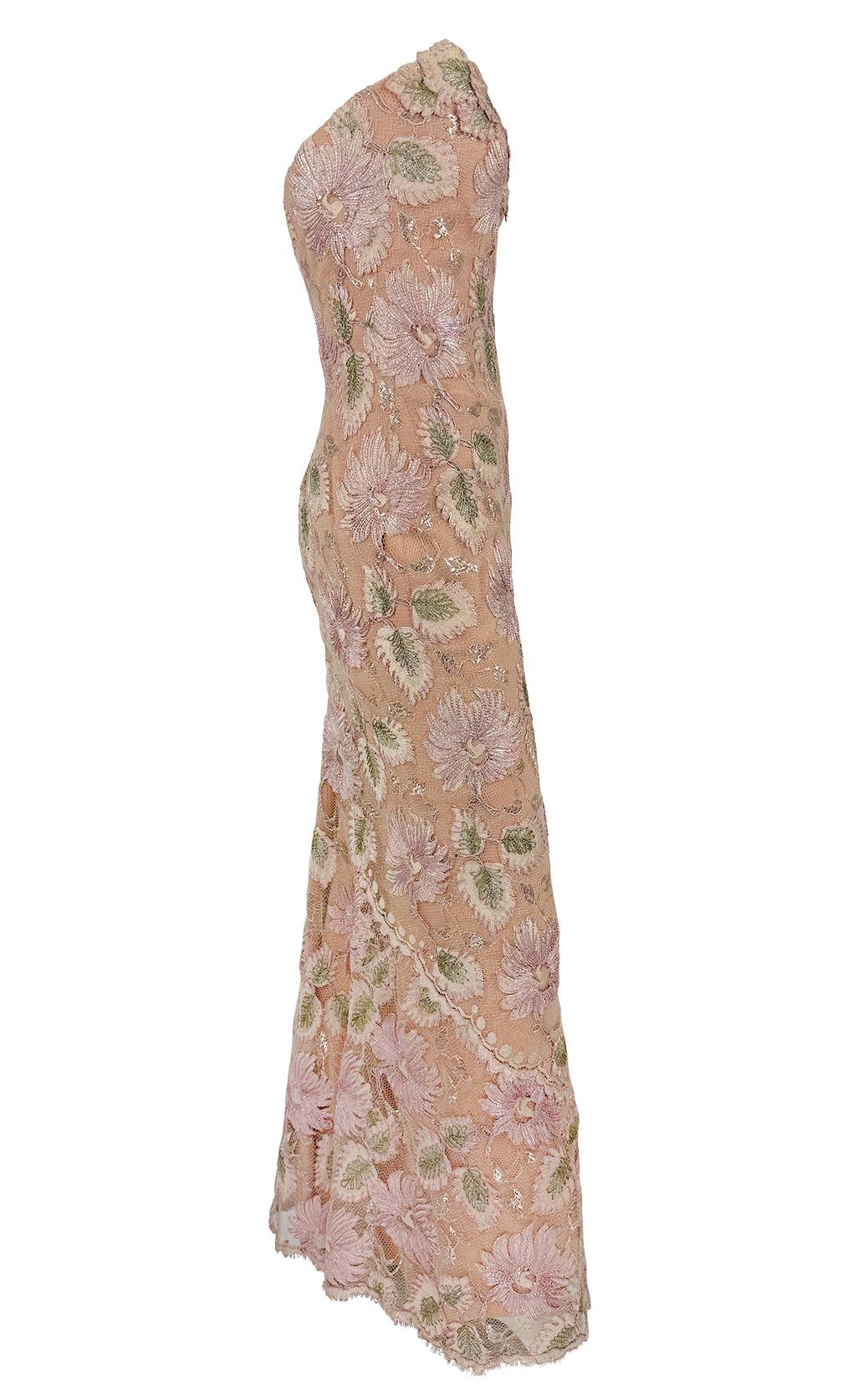 Women's 1990s Bob Mackie Peach Tone Floral Lurex Embroidery Lace Strapless Evening Gown For Sale