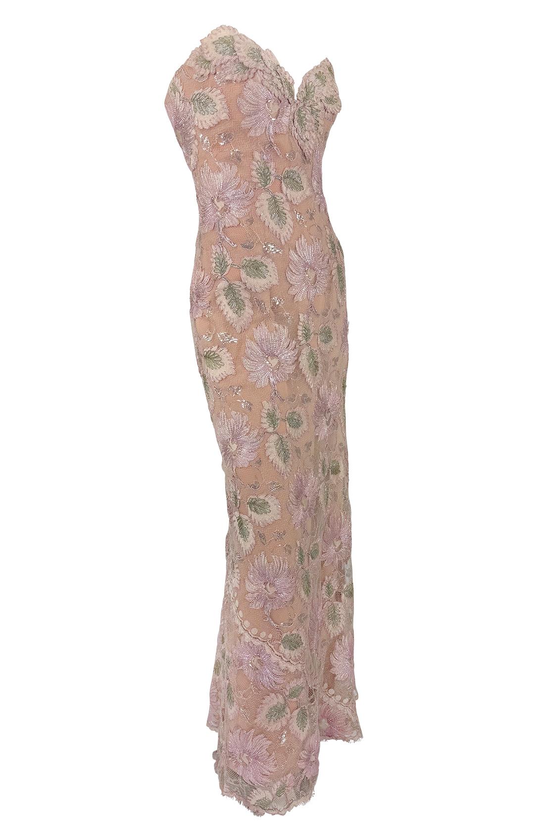 1990s Bob Mackie Peach Tone Floral Lurex Embroidery Lace Strapless Evening Gown For Sale 1