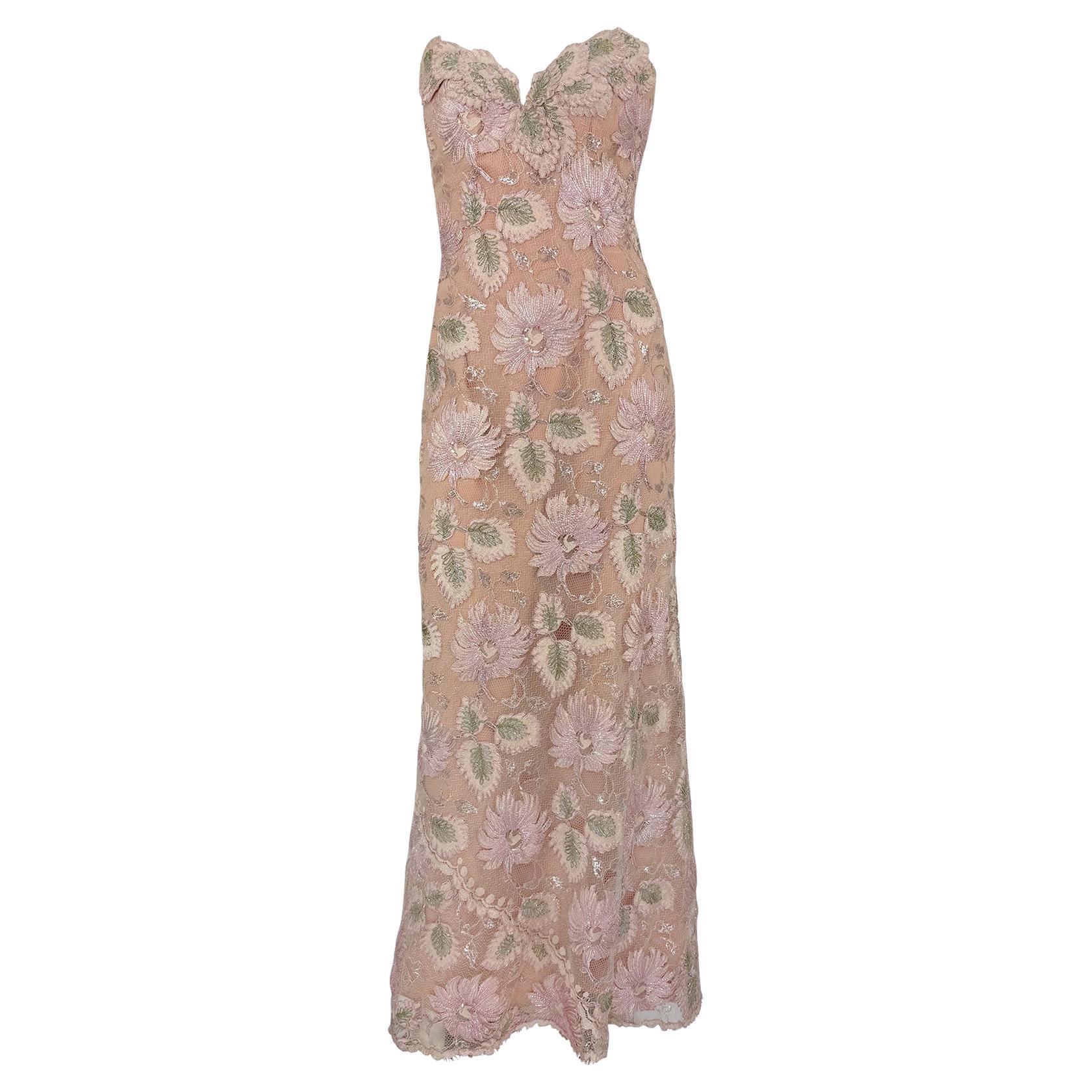 1990s Bob Mackie Peach Tone Floral Lurex Embroidery Lace Strapless Evening Gown For Sale