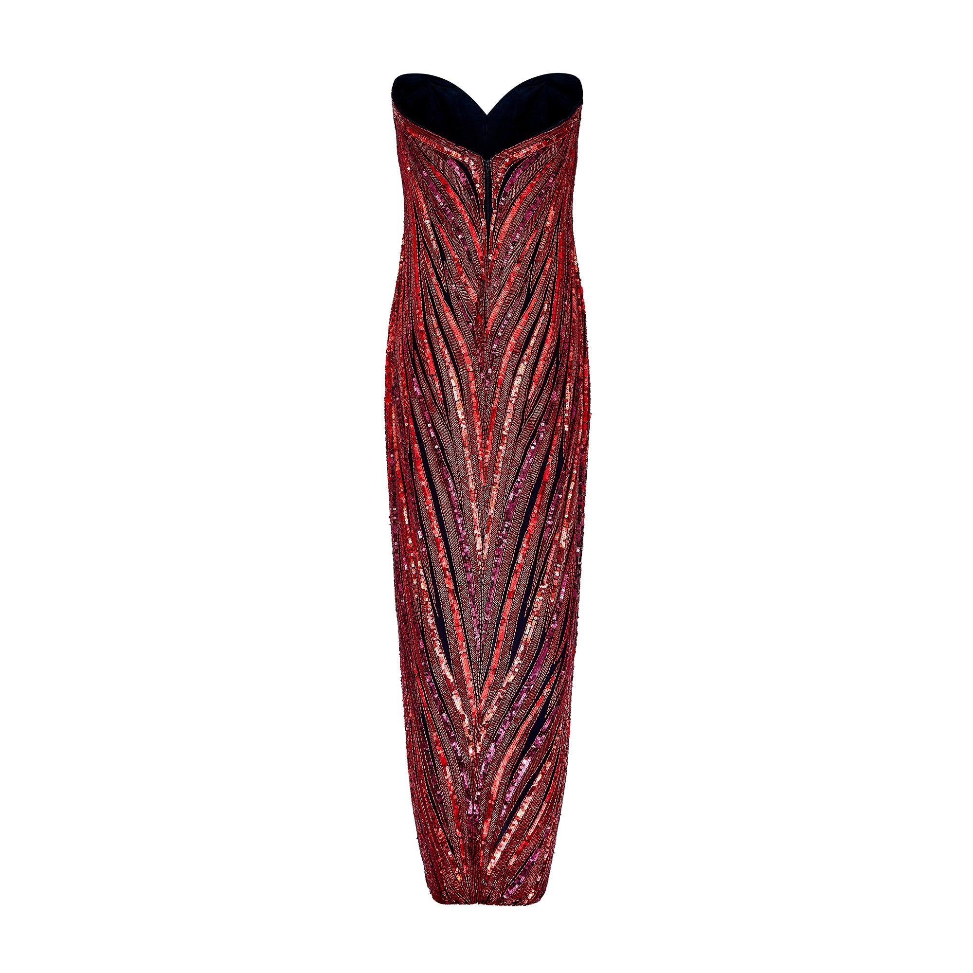 Vestido rojo de lentejuelas y cuentas Bob Mackie de los años 90 Marrón
