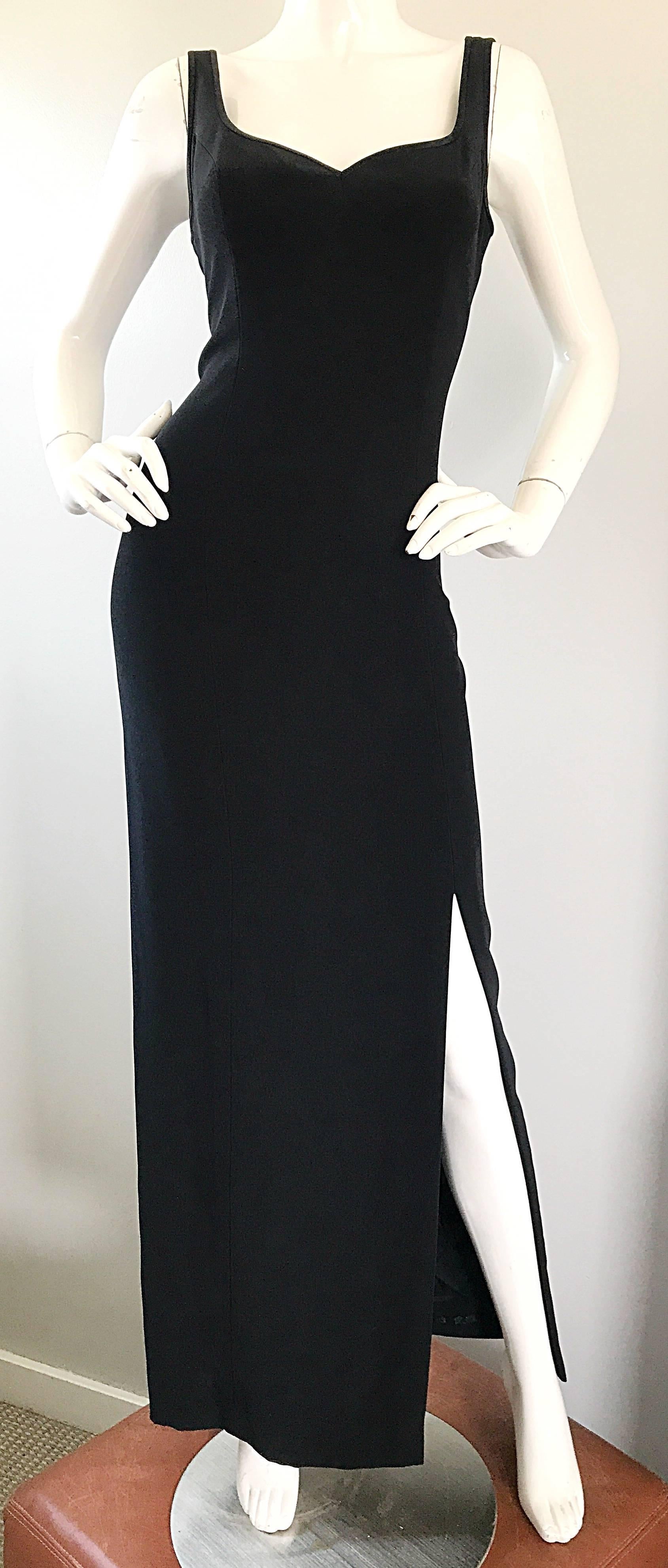 Women's 1990s Bob Mackie Size 10 Black Crepe Sexy 90s Vintage High Slit Evening Gown  For Sale