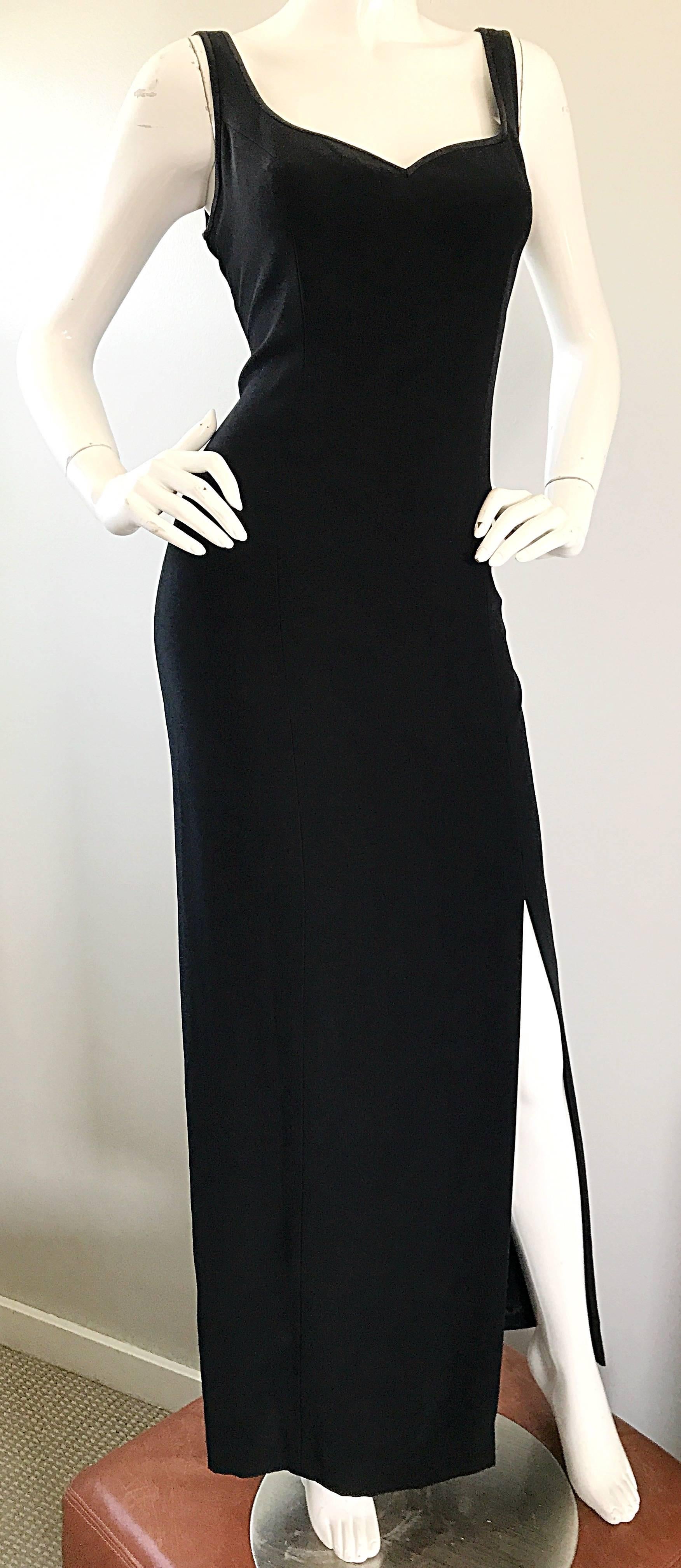 1990s Bob Mackie Size 10 Black Crepe Sexy 90s Vintage High Slit Evening Gown  For Sale 2
