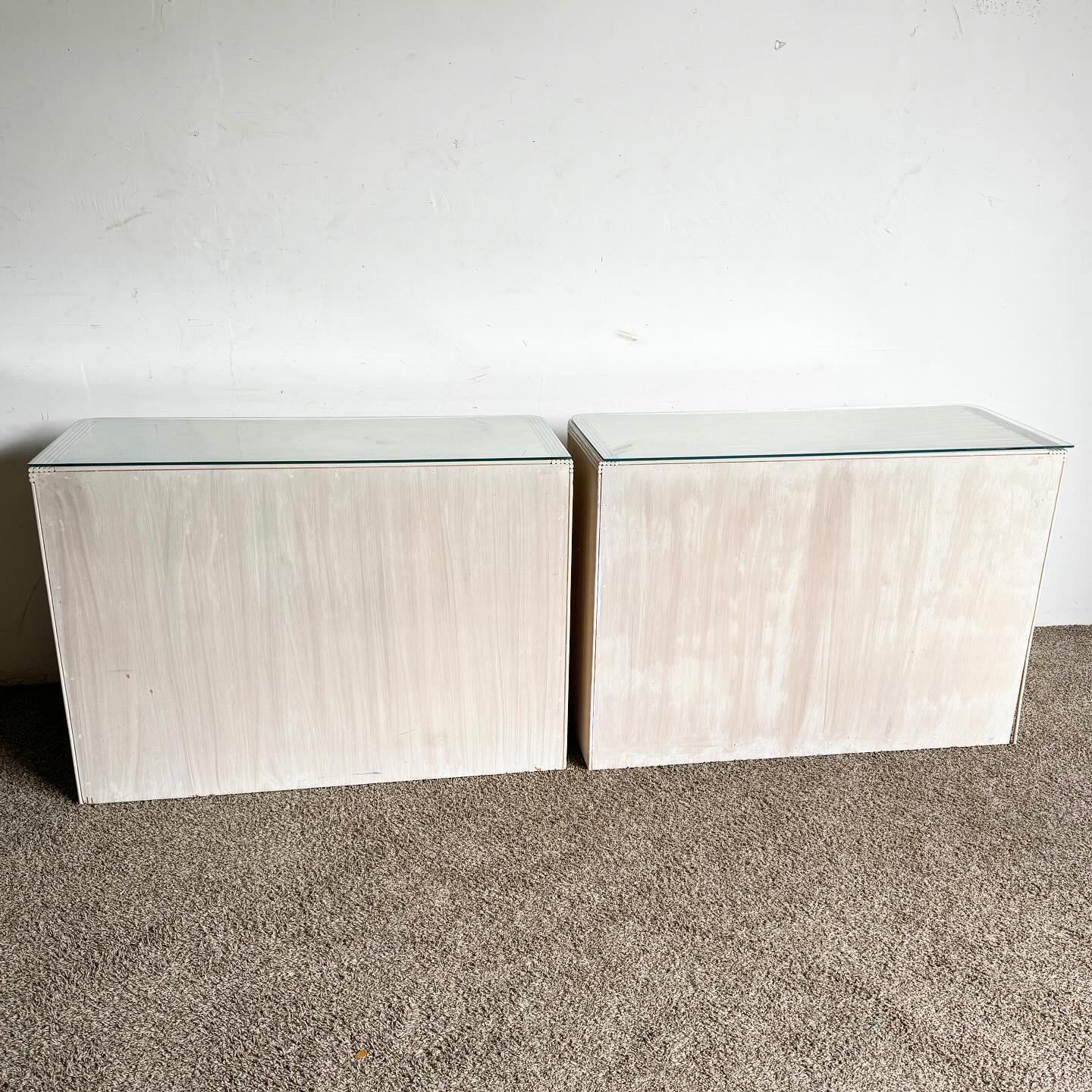 20th Century 1990s Boho Chic Pencil Reed Glass Top Chests of Drawers - a Pair For Sale