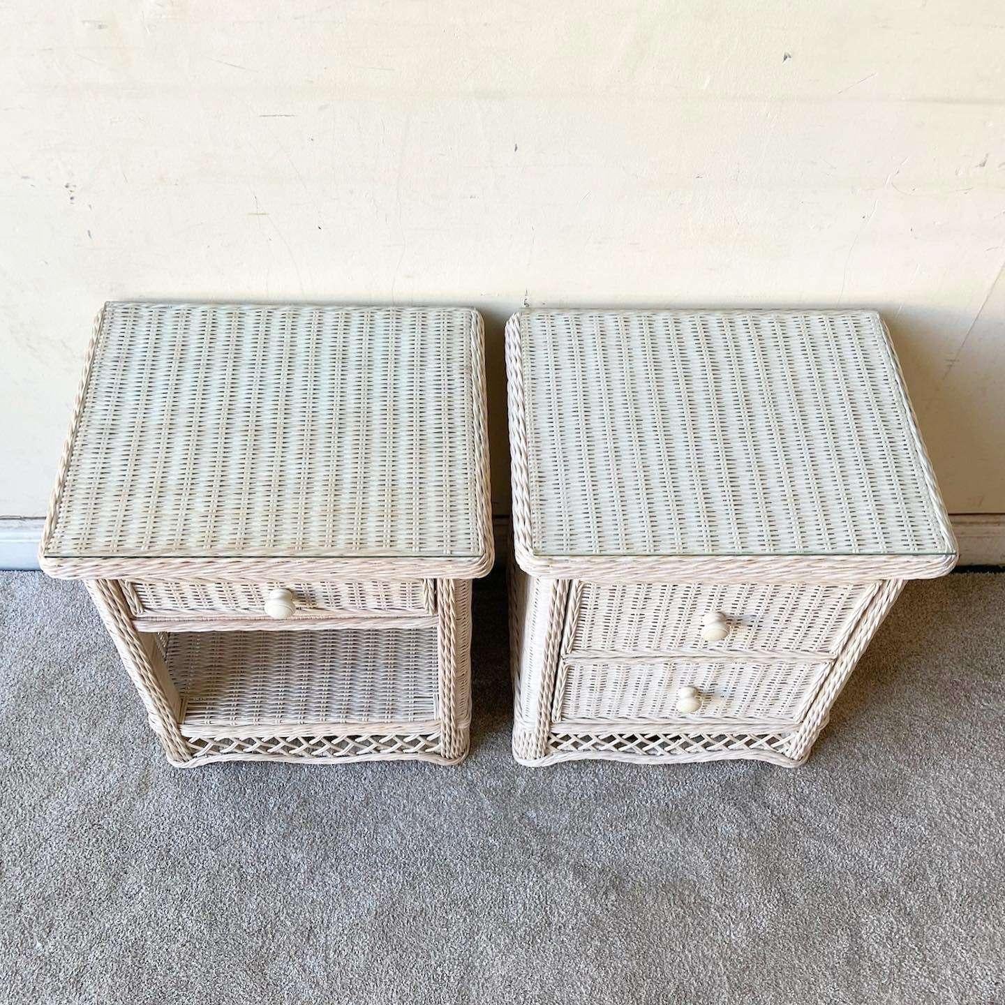 Late 20th Century 1990s Boho Chic White Wicker Glass Top Nightstands - Set of 2 For Sale