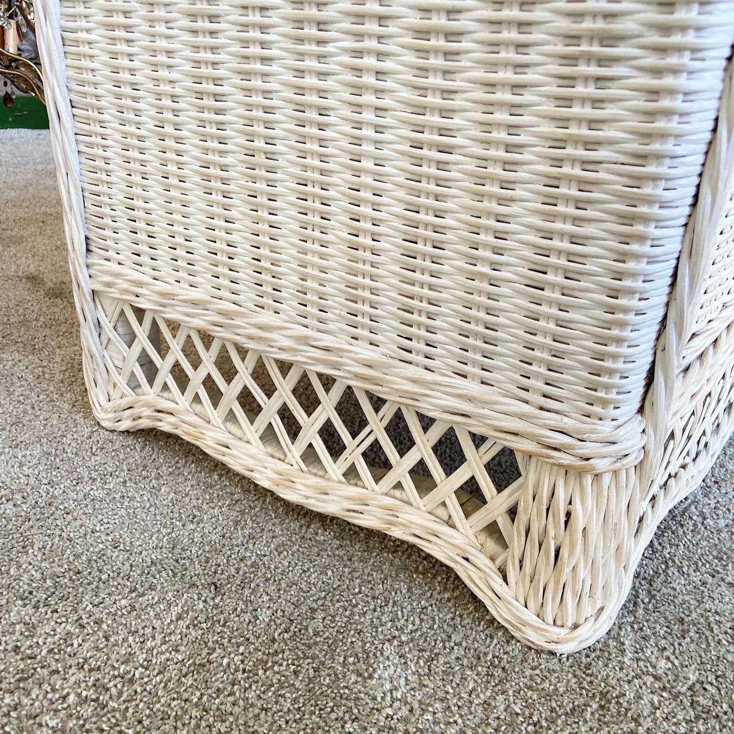 1990s Boho Chic White Wicker Glass Top Nightstands - Set of 2 For Sale 1