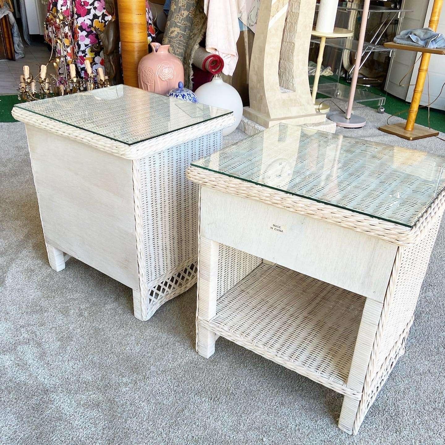 1990s Boho Chic White Wicker Glass Top Nightstands - Set of 2 For Sale 2