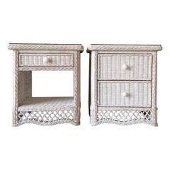1990s Boho Chic White Wicker Glass Top Nightstands - Set of 2