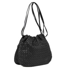 1990s Bottega Veneta Black Intrecciato Leather Drawstring Bag