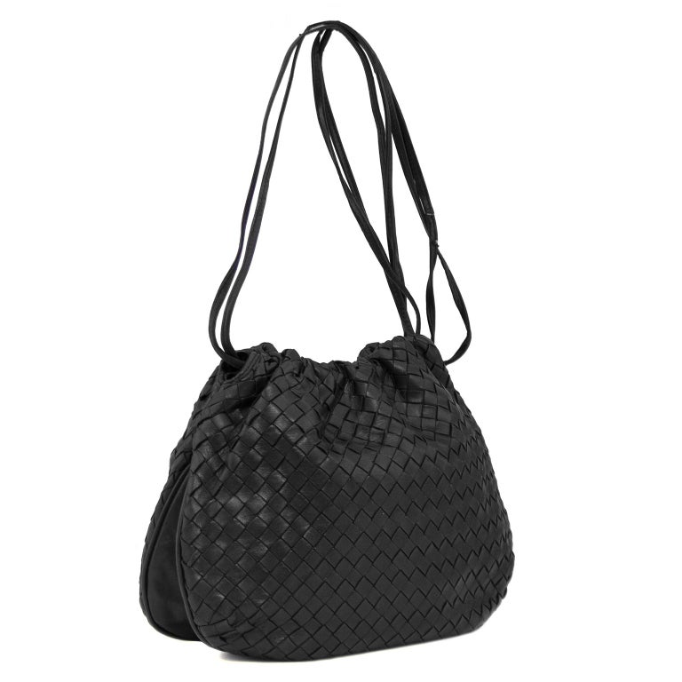 1990s Bottega Veneta Black Intrecciato Leather Drawstring Bag at ...