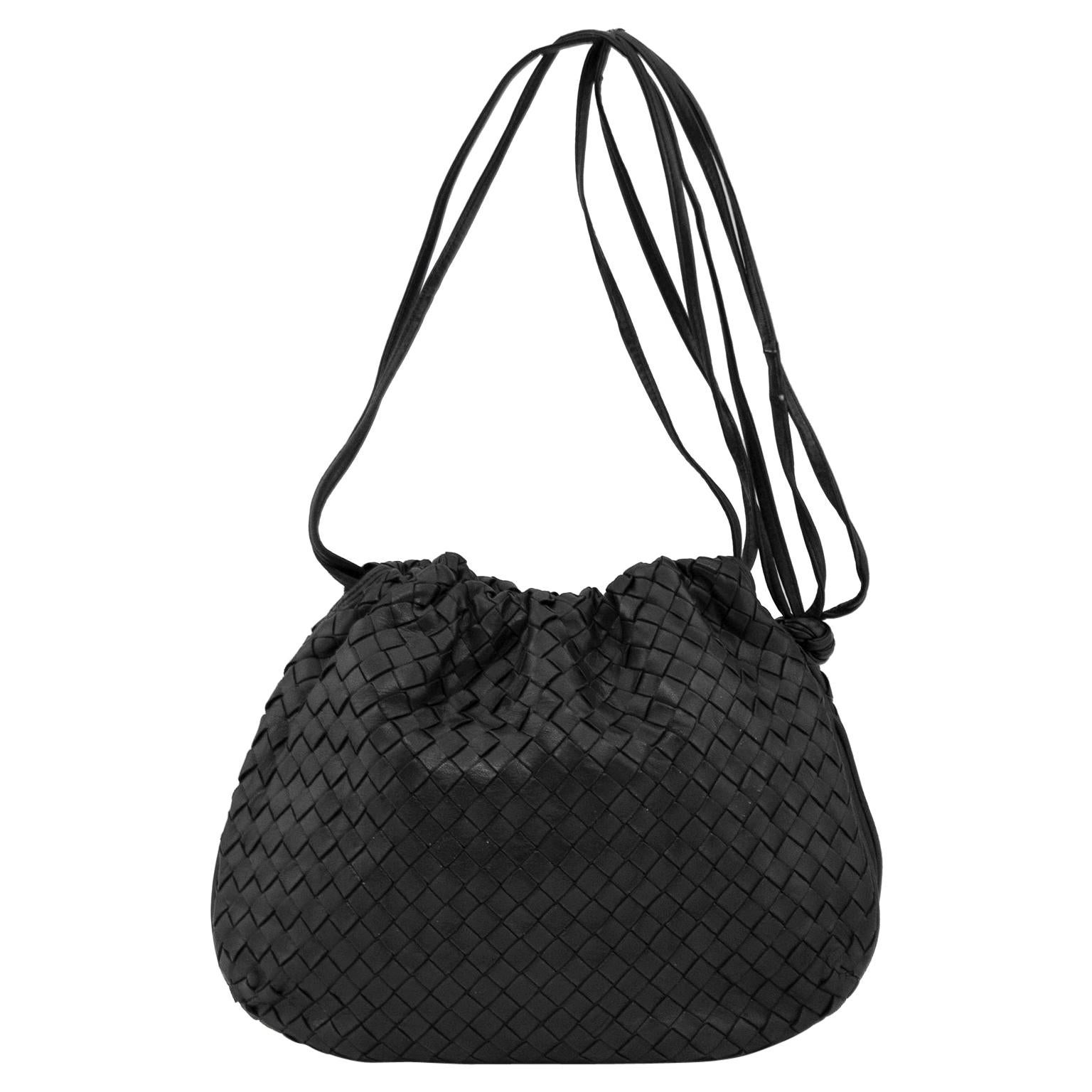 1990s Bottega Veneta Black Intrecciato Leather Drawstring Bag 