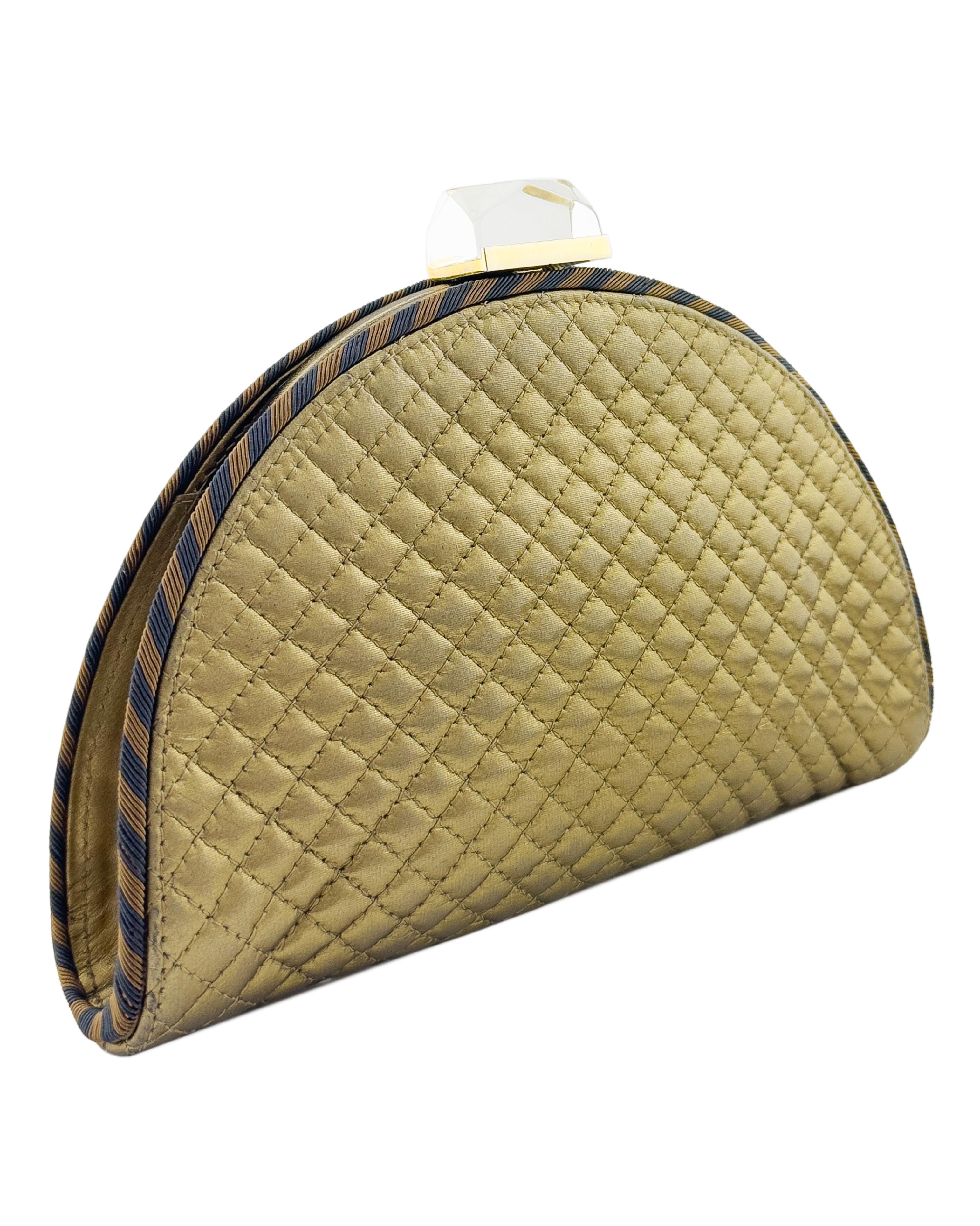 Brown 1990's Bottega Veneta Gold Quilted Clutch with Lucite Clasp For Sale