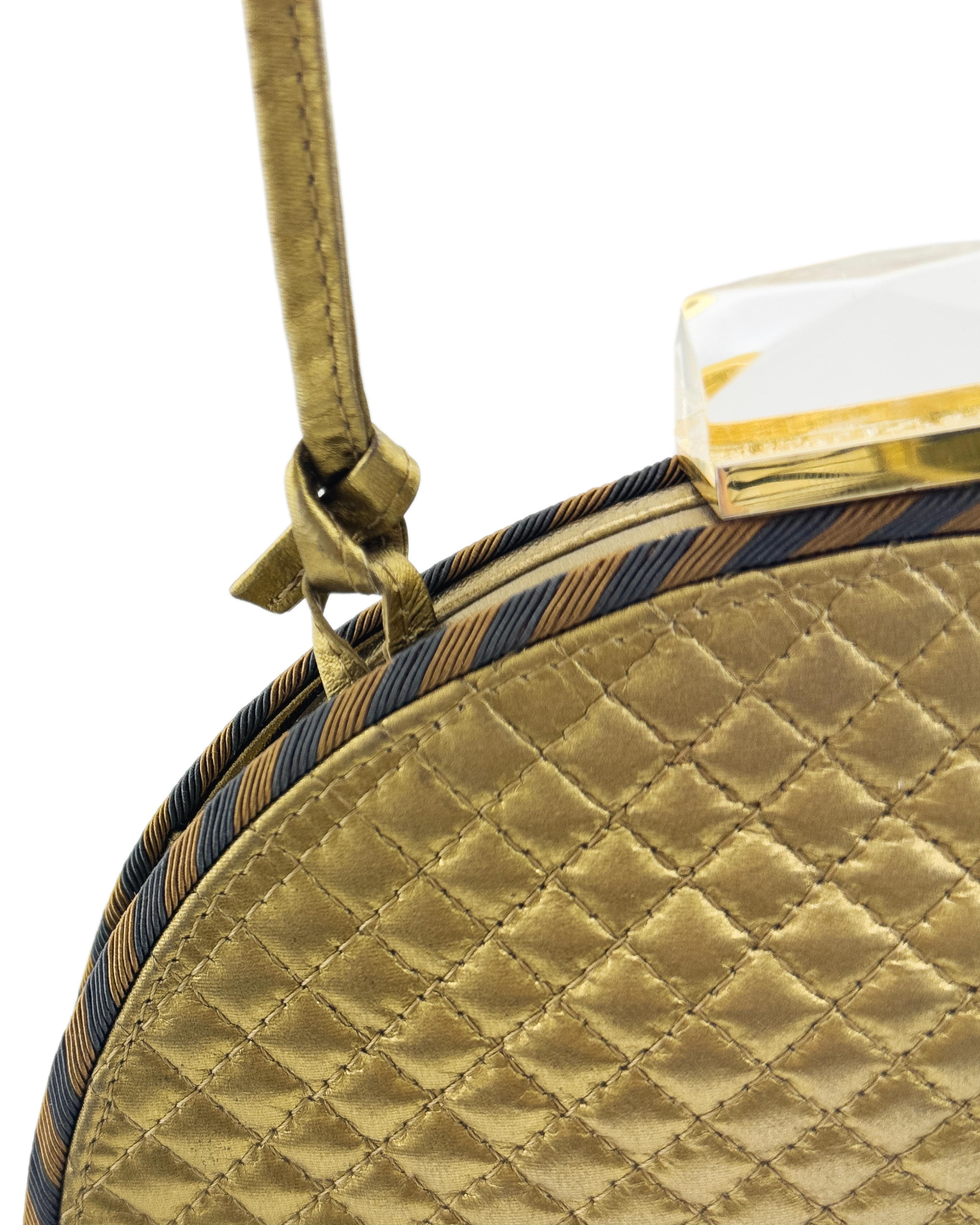 Women's or Men's 1990's Bottega Veneta Gold Quilted Clutch with Lucite Clasp For Sale