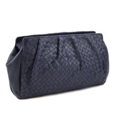 1990s Bottega Veneta Navy Blue Intrecciato Leather Clutch