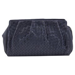 Retro 1990s Bottega Veneta Navy Blue Intrecciato Leather Clutch 