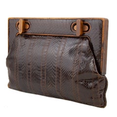 1990s Bottega Veneta Reptile Stamped and Wood Frame Clutch