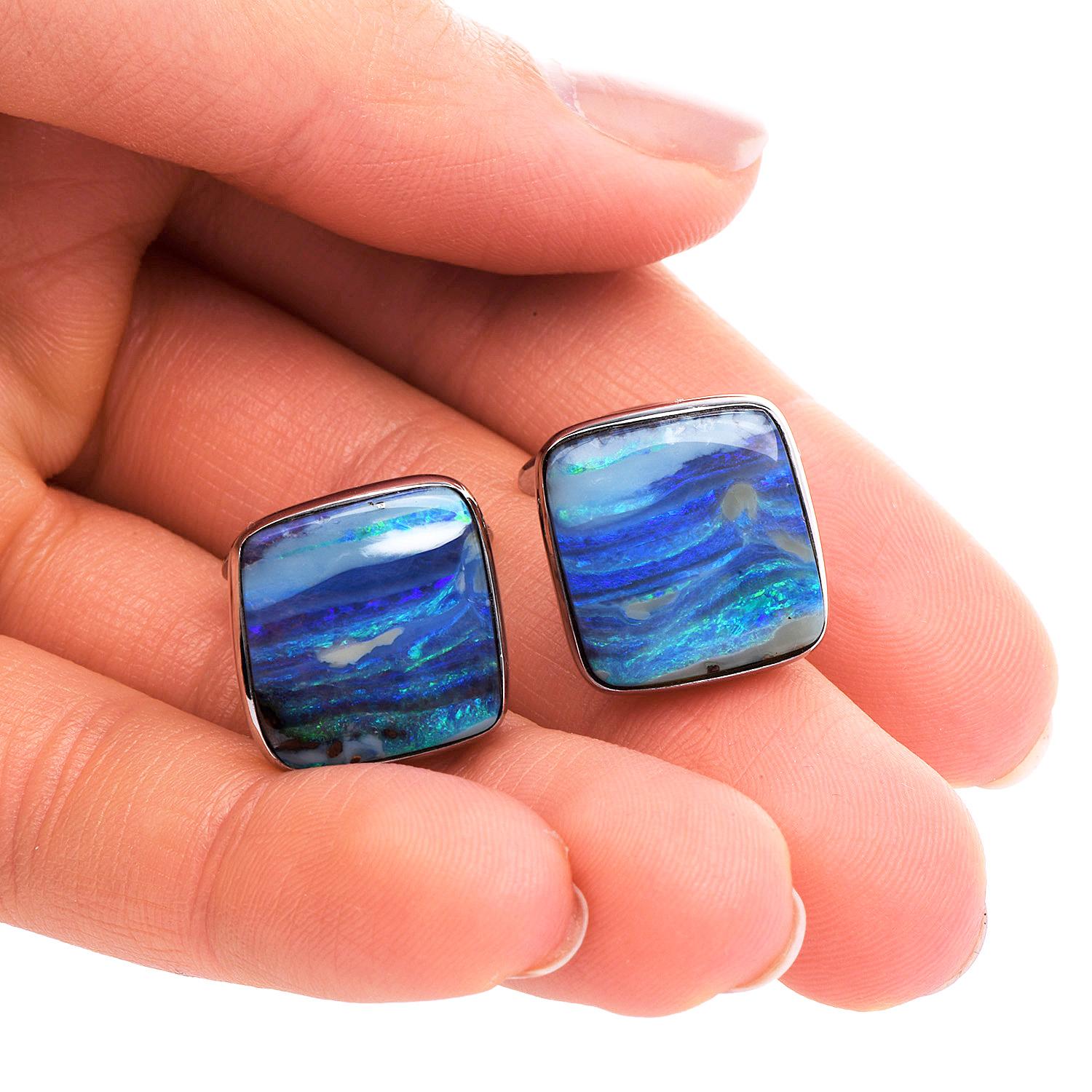 1990s Boulder Opal Platinum Gold Square Men Cufflinks In Excellent Condition In Miami, FL