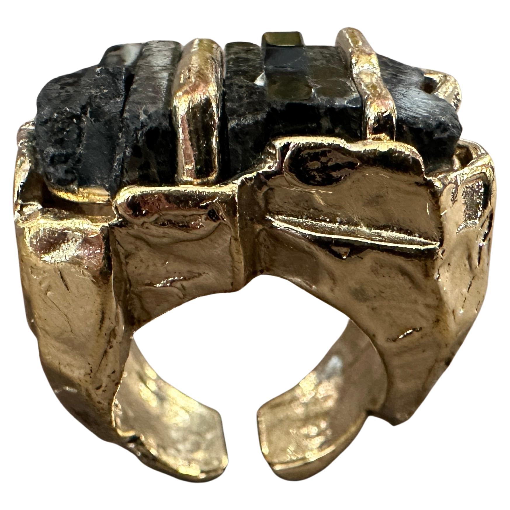 1990s Brass and Black Stone Sculptured Cocktail Ring by Roberto Cavalli