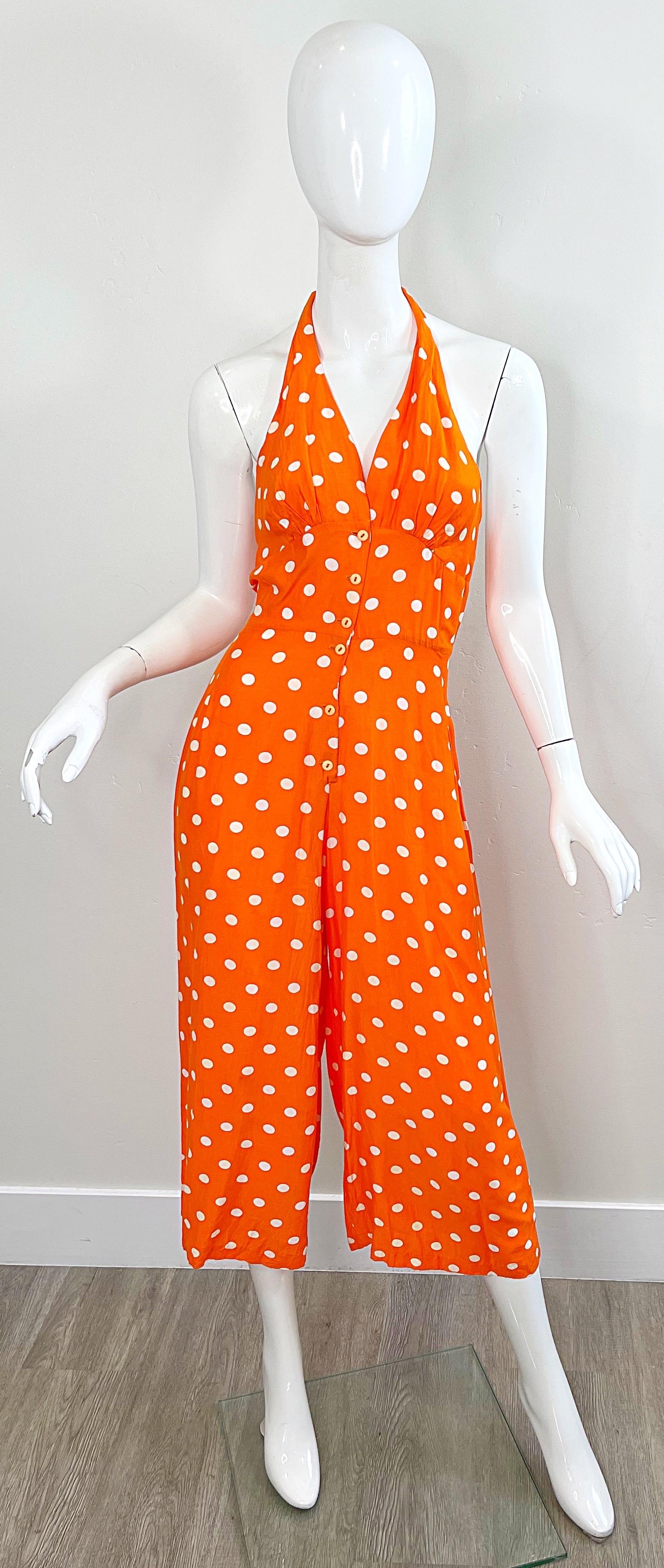 1990s Bright Orange + White Polka Dot Vintage 90s Halter Rayon Culottes Jumpsuit For Sale 5