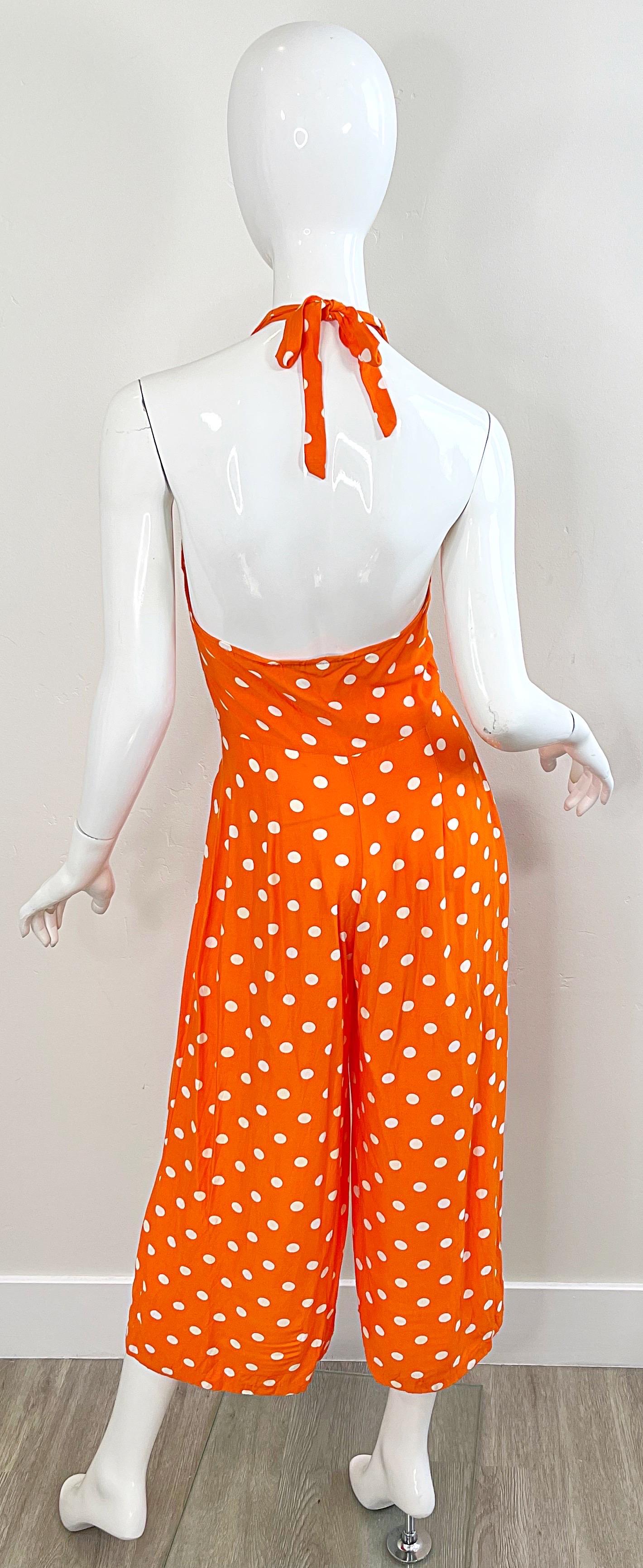 1990s Bright Orange + White Polka Dot Vintage 90s Halter Rayon Culottes Jumpsuit For Sale 7