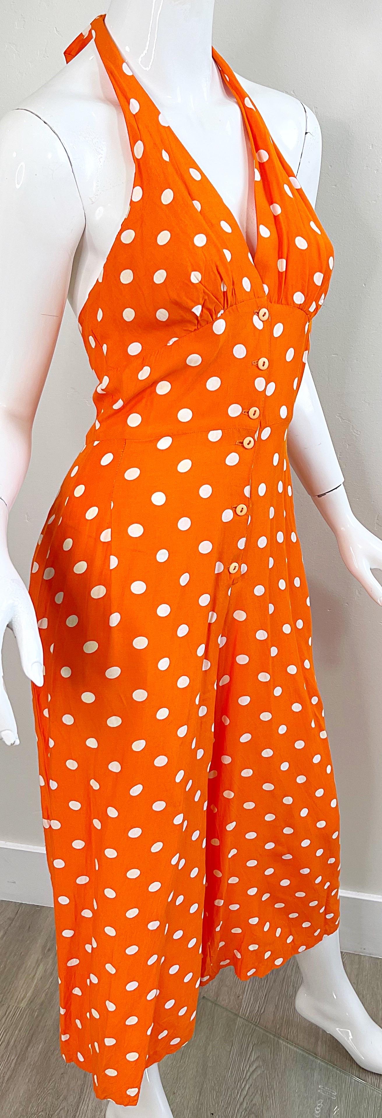 1990s Bright Orange + White Polka Dot Vintage 90s Halter Rayon Culottes Jumpsuit For Sale 8