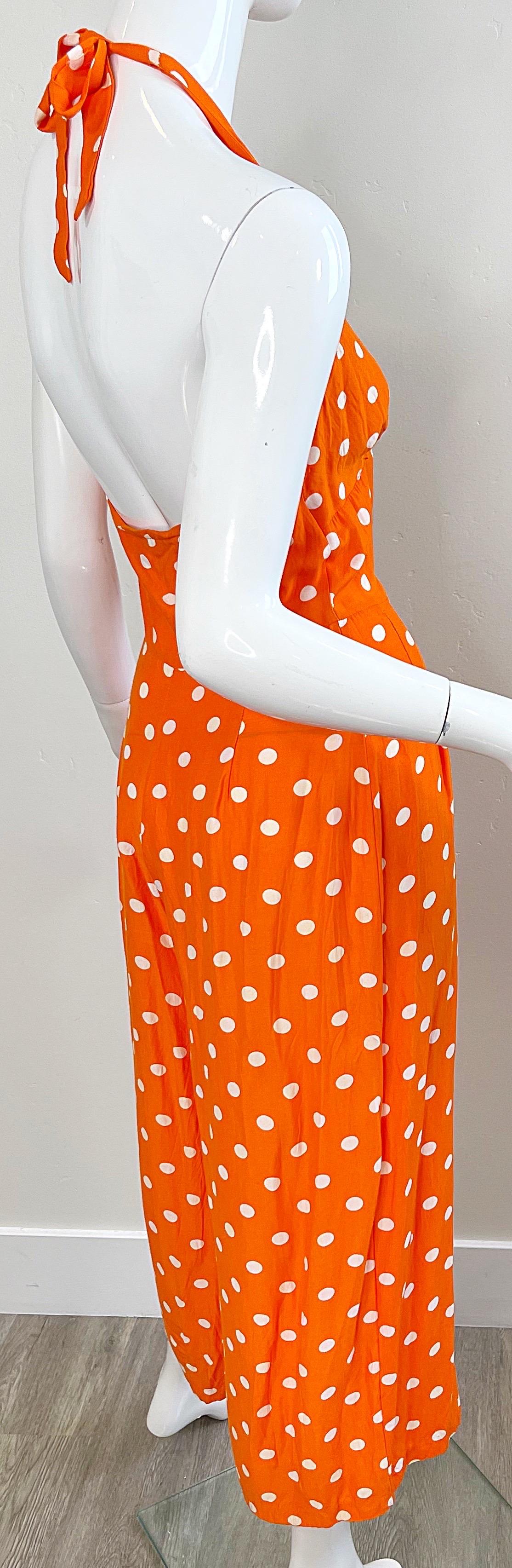 1990s Bright Orange + White Polka Dot Vintage 90s Halter Rayon Culottes Jumpsuit For Sale 9