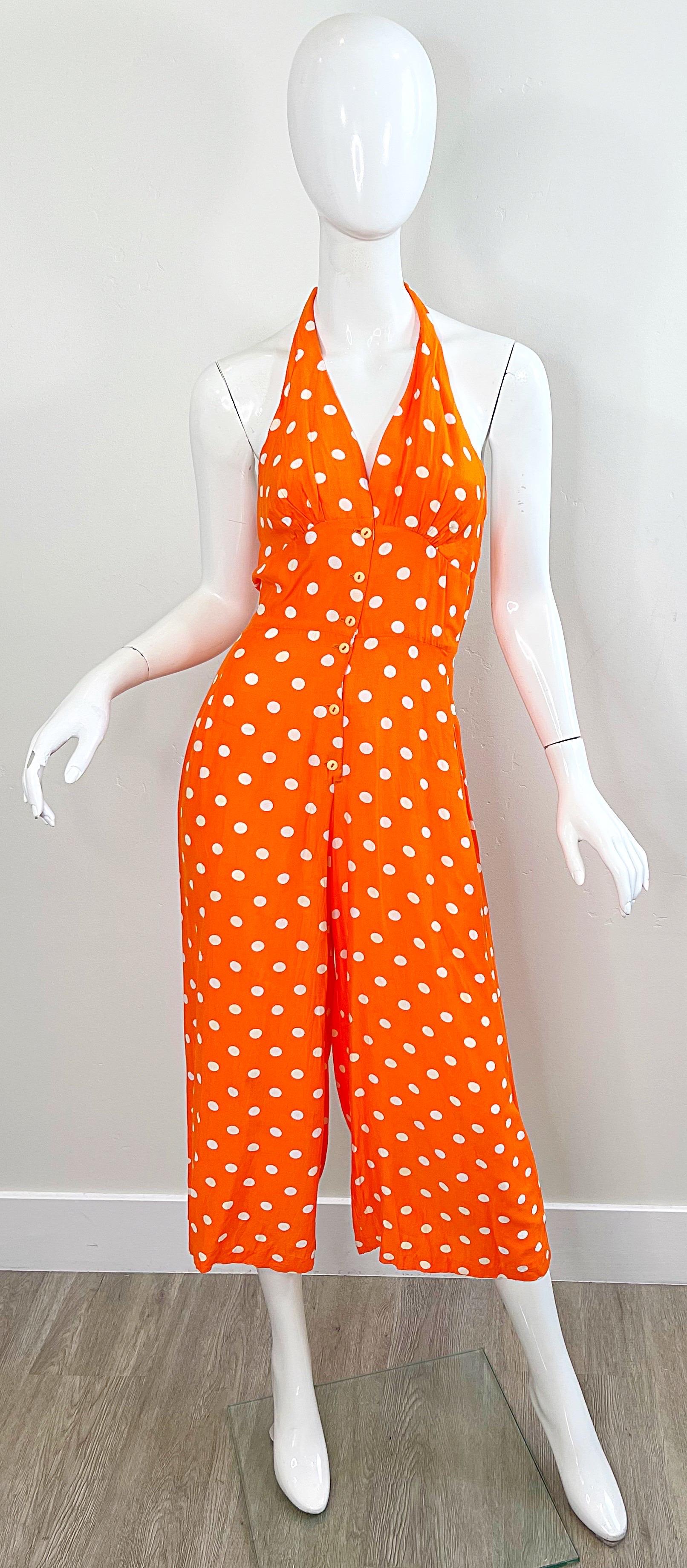 1990s Bright Orange + White Polka Dot Vintage 90s Halter Rayon Culottes Jumpsuit For Sale 9