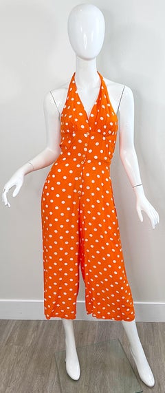 1990s Bright Orange + White Polka Dot Vintage 90s Halter Rayon Culottes Jumpsuit