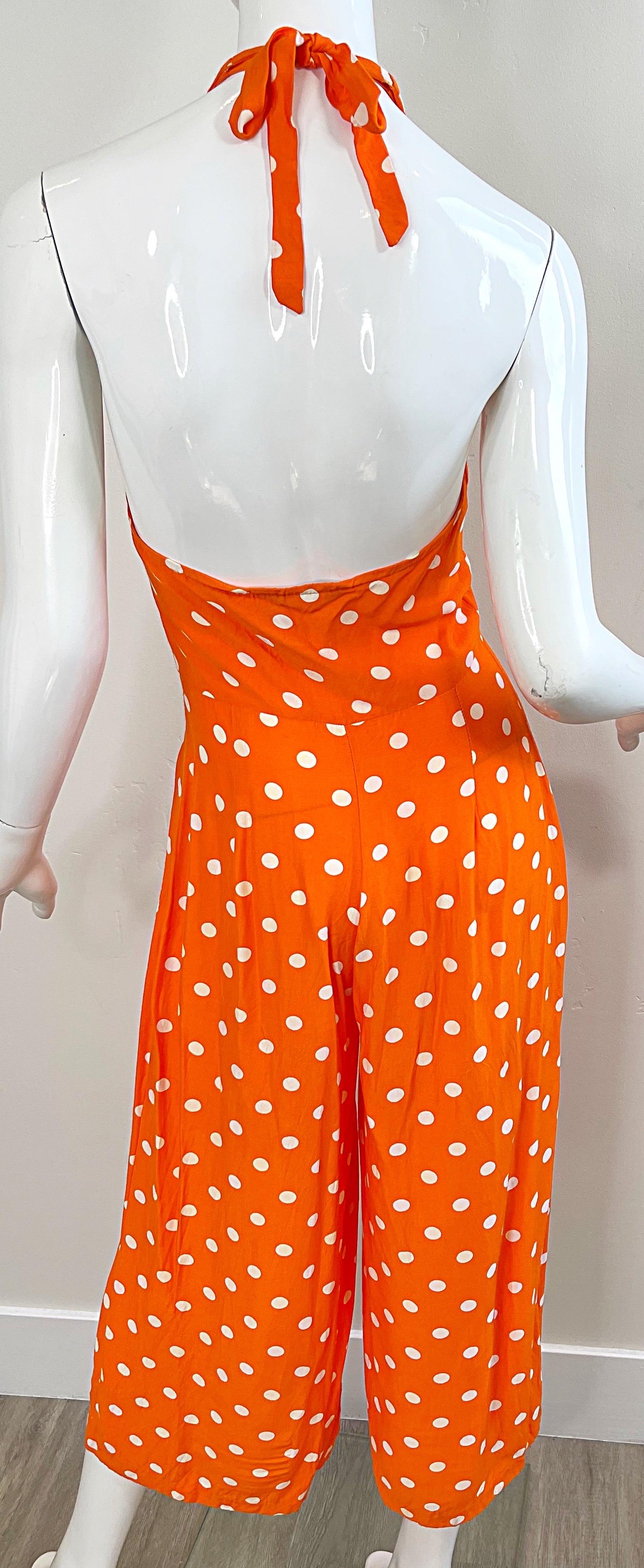 1990s Bright Orange + White Polka Dot Vintage 90s Halter Rayon Culottes Jumpsuit In Excellent Condition For Sale In San Diego, CA
