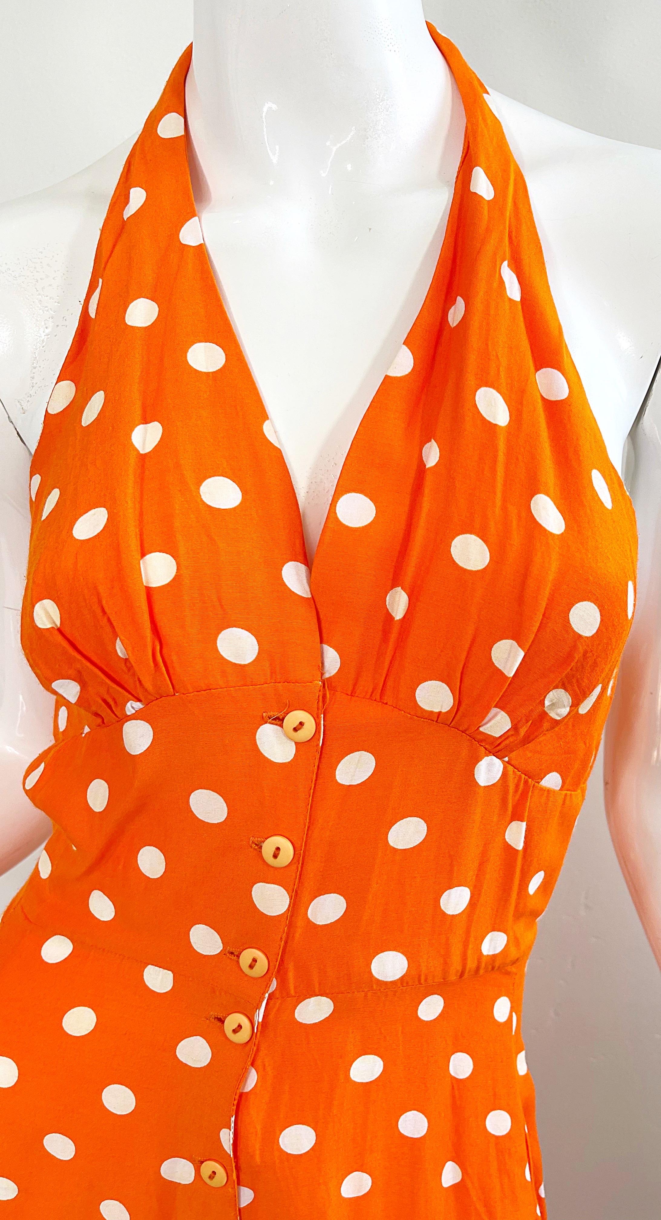 Women's 1990s Bright Orange + White Polka Dot Vintage 90s Halter Rayon Culottes Jumpsuit For Sale