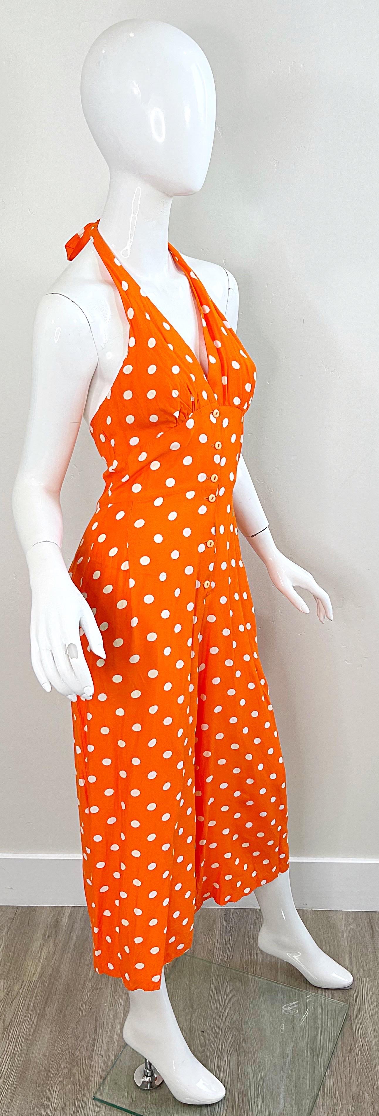 1990s Bright Orange + White Polka Dot Vintage 90s Halter Rayon Culottes Jumpsuit For Sale 1