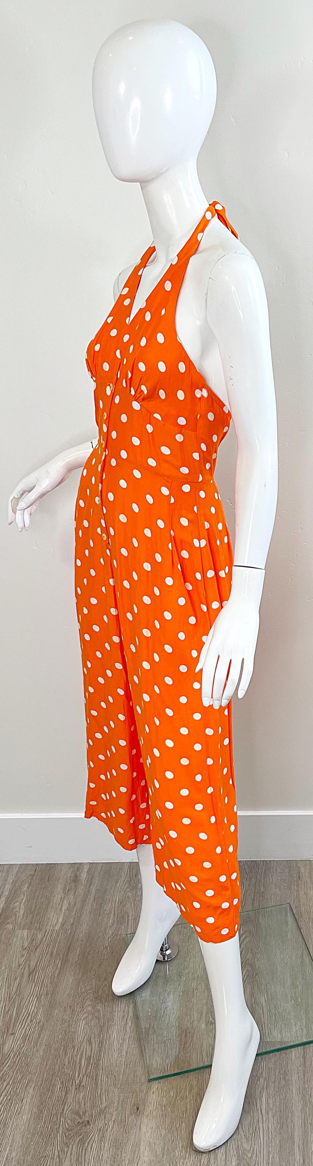 1990s Bright Orange + White Polka Dot Vintage 90s Halter Rayon Culottes Jumpsuit For Sale 2