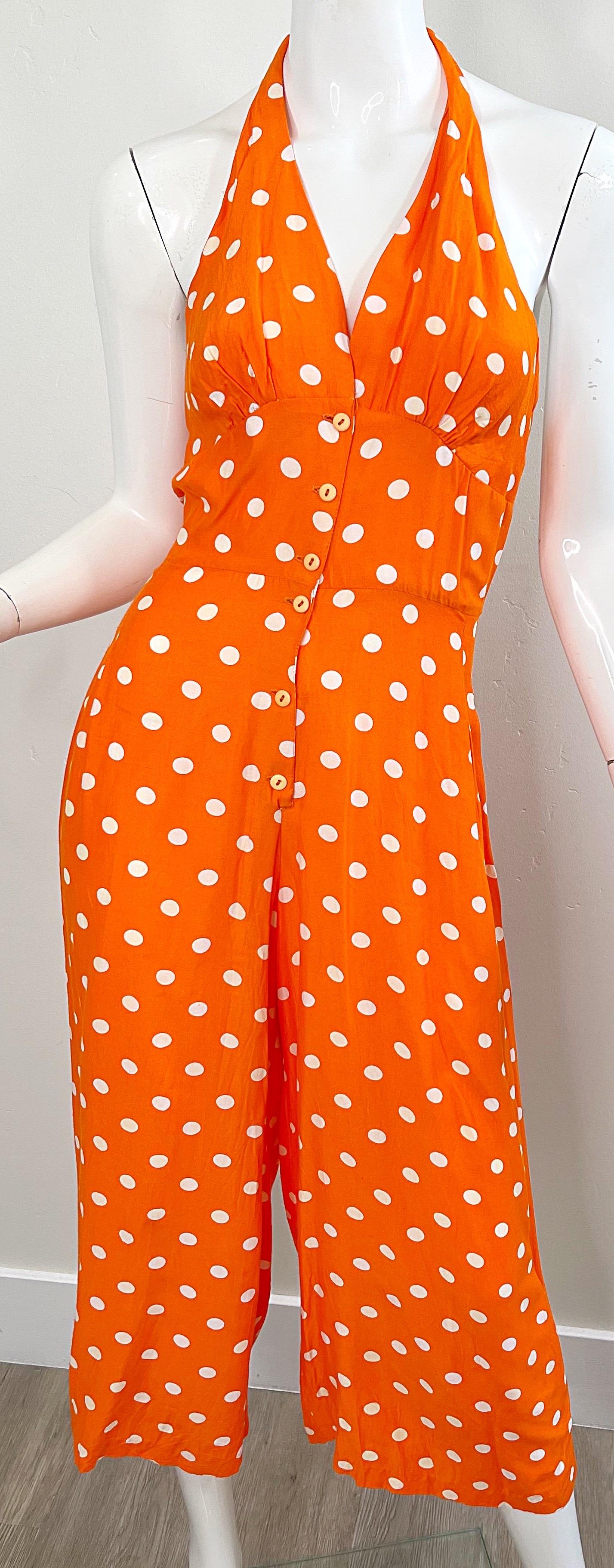1990s Bright Orange + White Polka Dot Vintage 90s Halter Rayon Culottes Jumpsuit For Sale 2