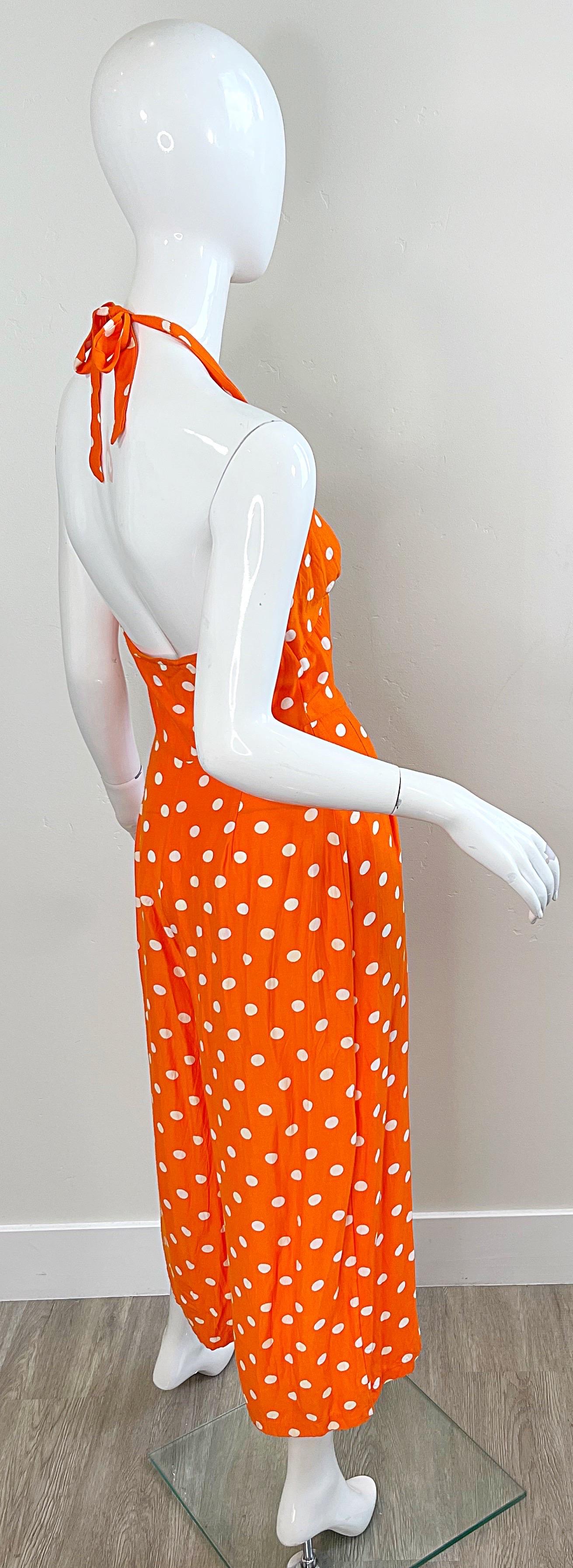 1990s Bright Orange + White Polka Dot Vintage 90s Halter Rayon Culottes Jumpsuit For Sale 3