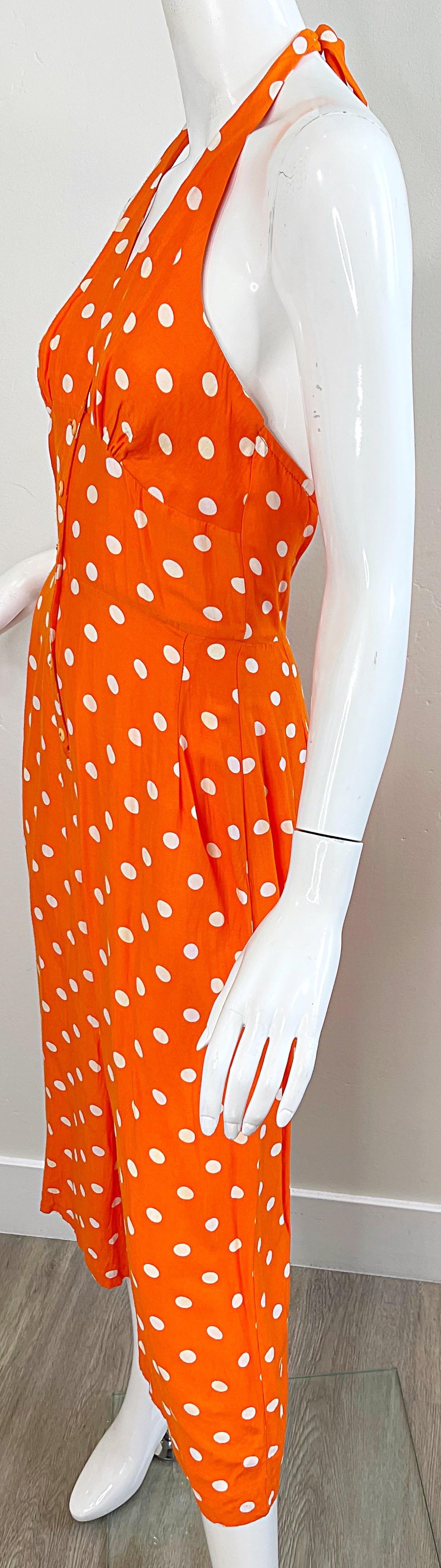 1990s Bright Orange + White Polka Dot Vintage 90s Halter Rayon Culottes Jumpsuit For Sale 5