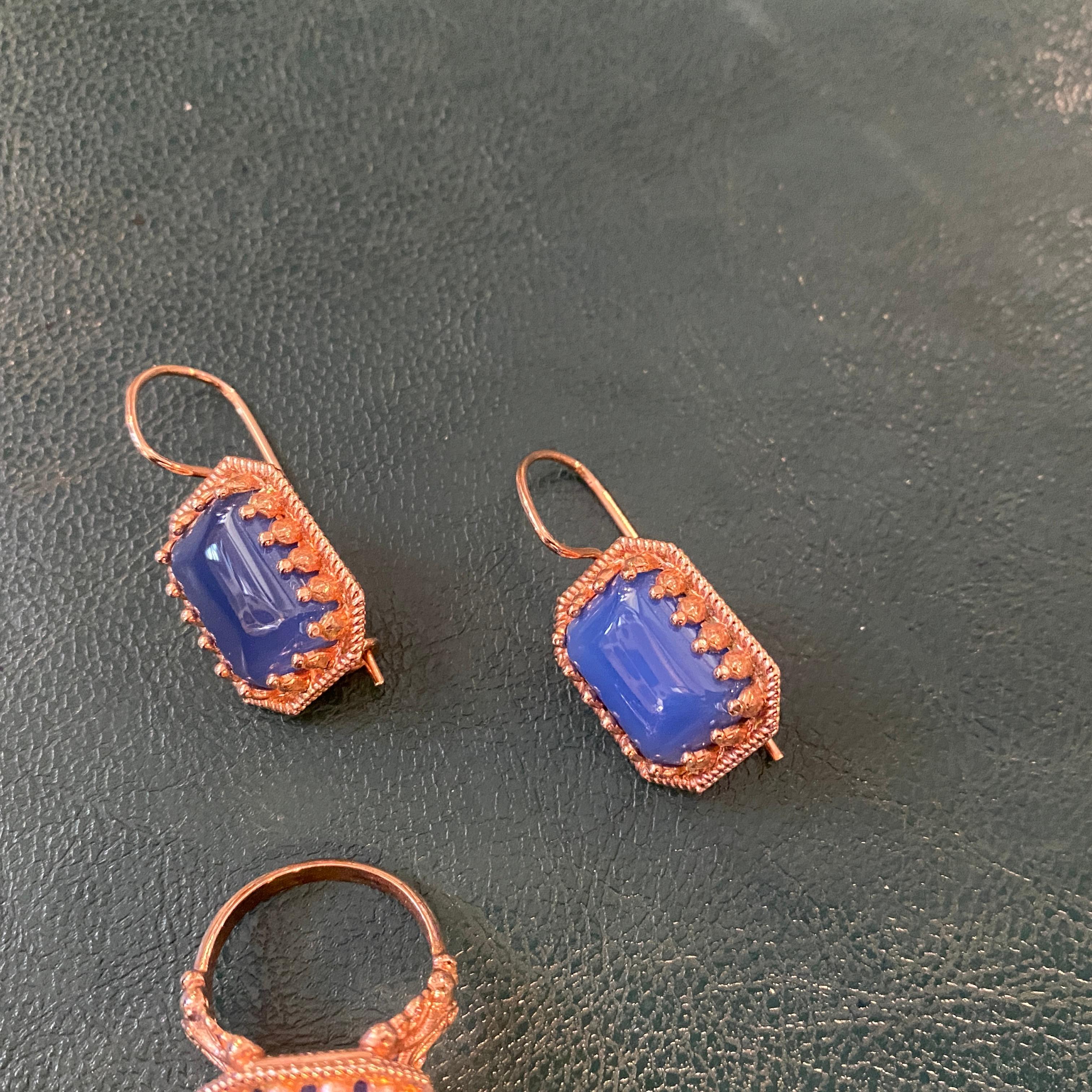 Retro 1990s Bronze and Blue Agate Italian Ring and Earrings by Anomis For Sale