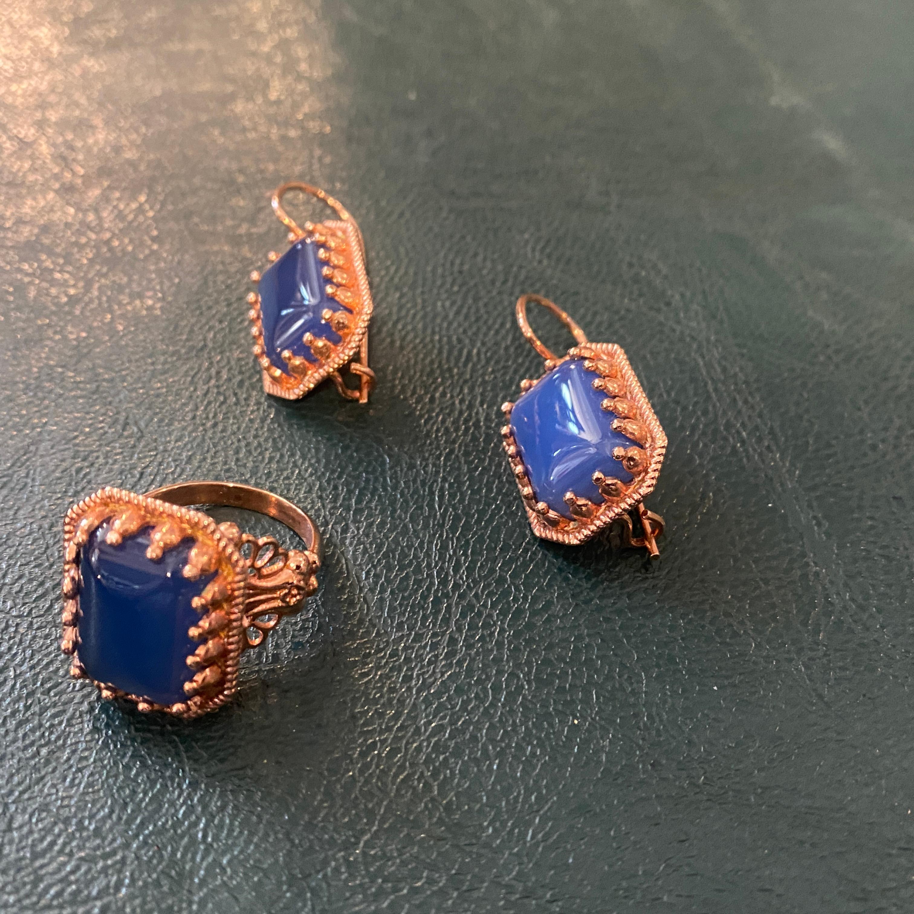 Cabochon 1990s Bronze and Blue Agate Italian Ring and Earrings by Anomis For Sale